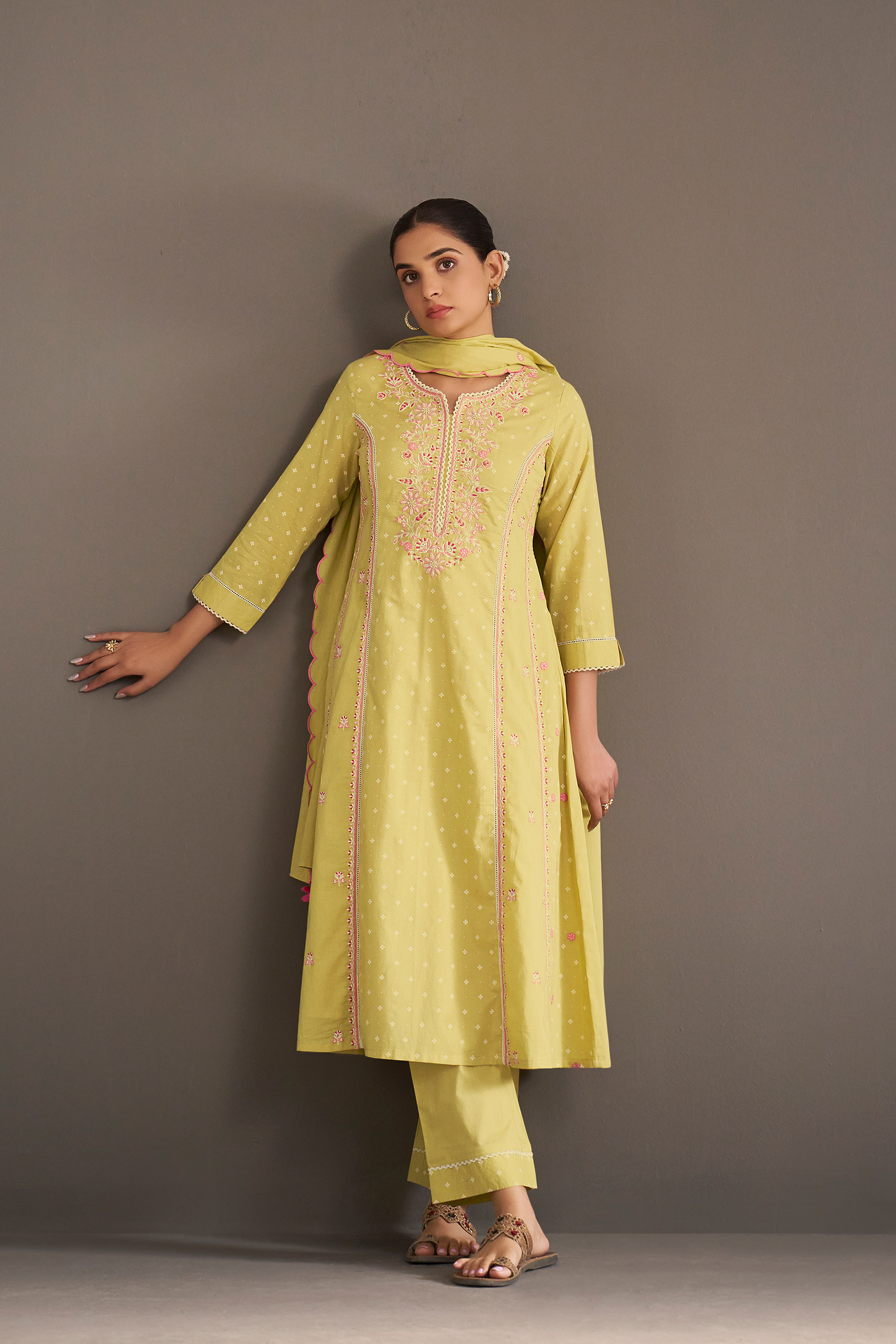 Lime Sorbet Table Print Embroidered Kurta Set