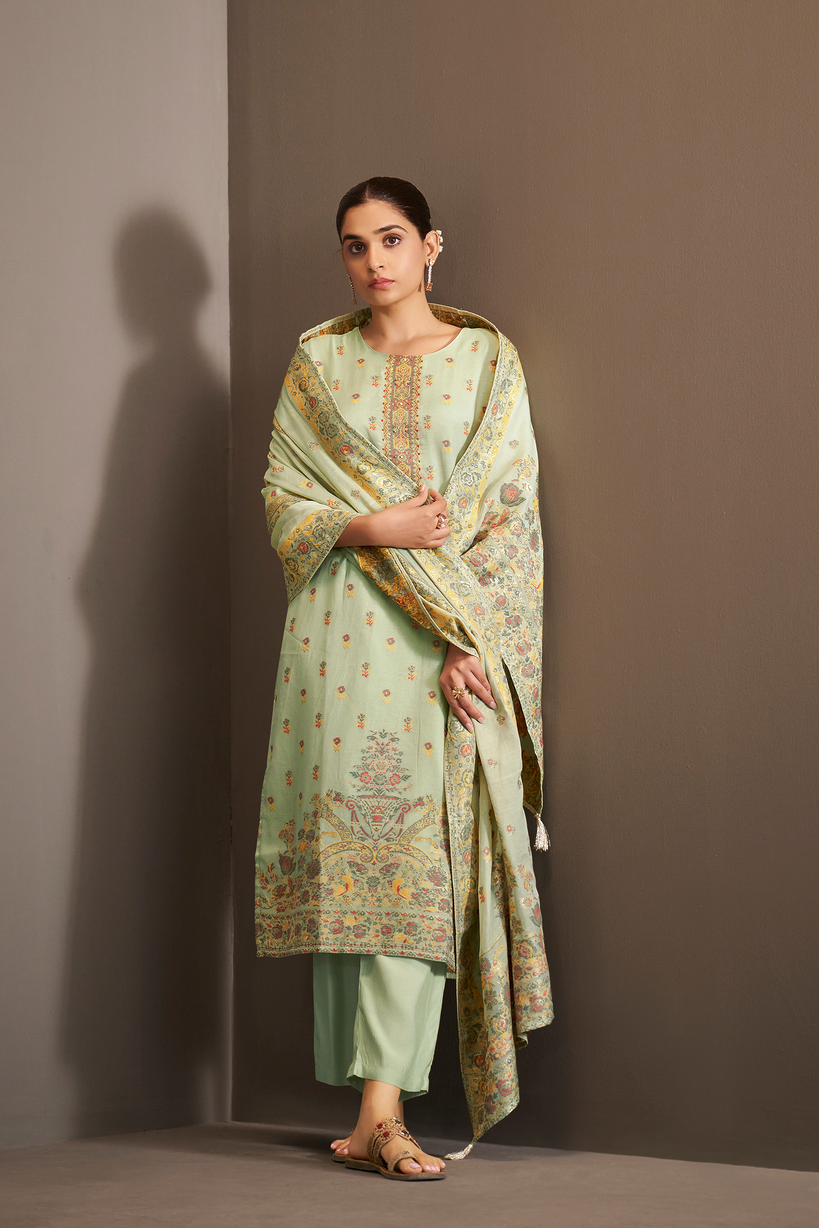 Soft Celadon Chanderi Multi-Meena Work Jacquard Kurta Set