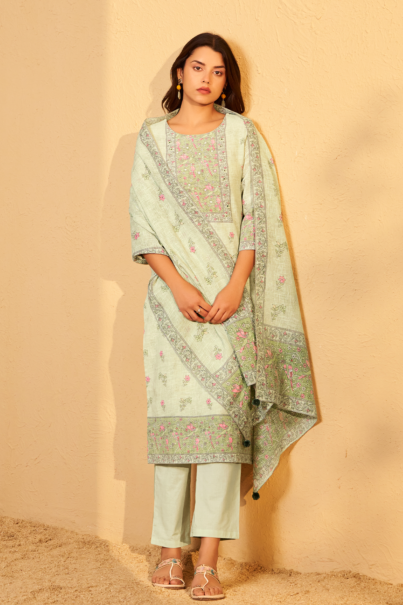 Ivory Mint Digital Printed Embroidered Kurta Set