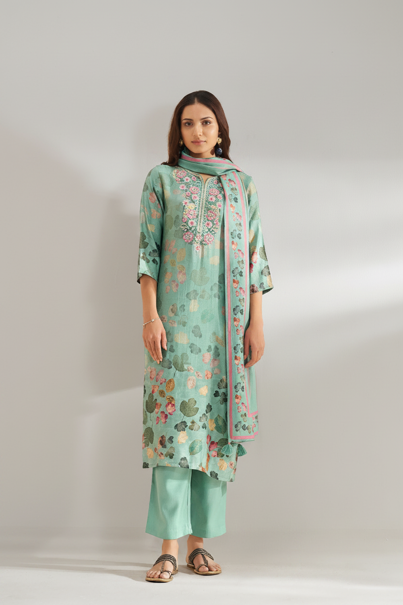 Soft Jade Digital Printed & Embroidered Viscose Kurta Set