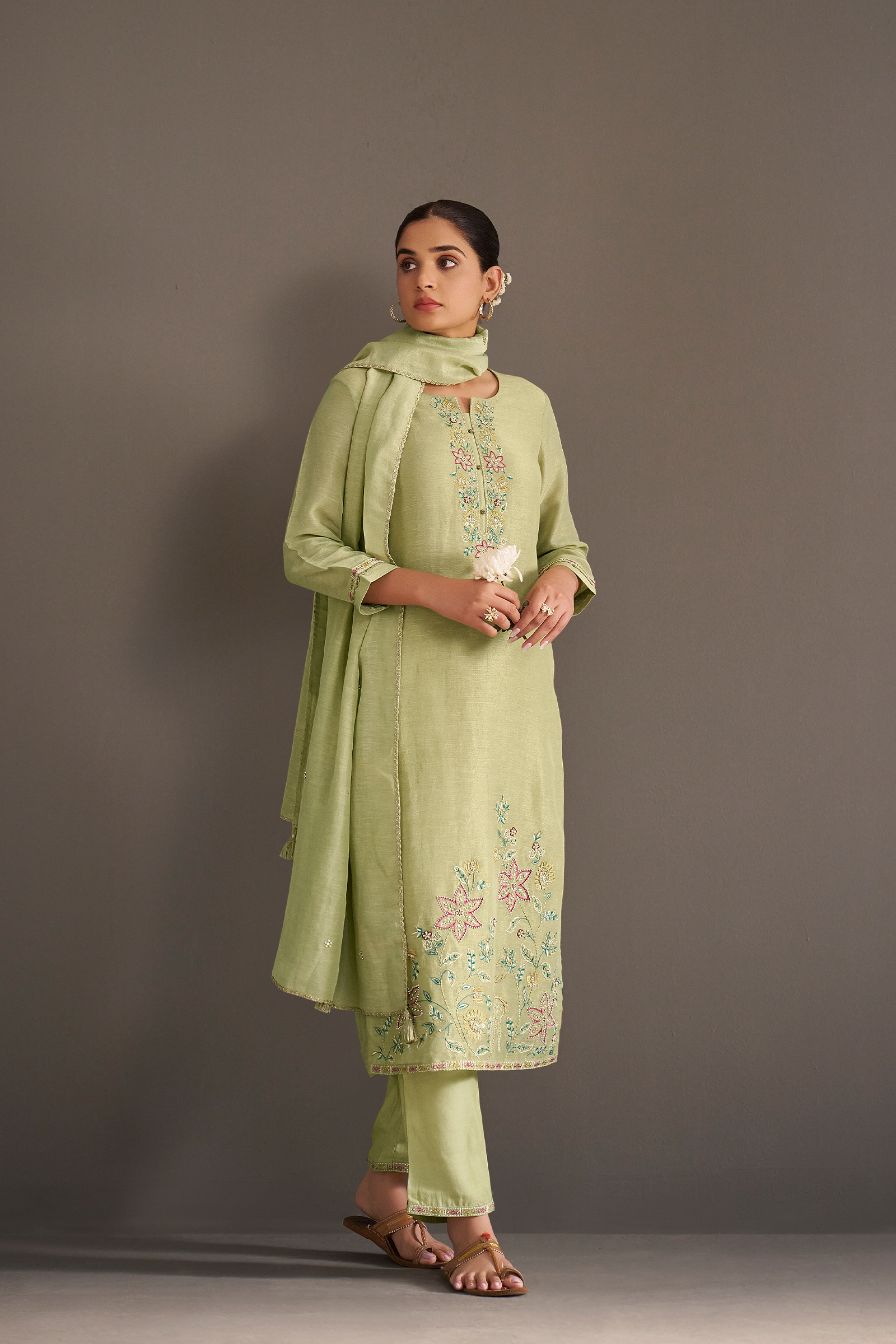 Soft Olive Shimmer Linen Embroidered Kurta Set