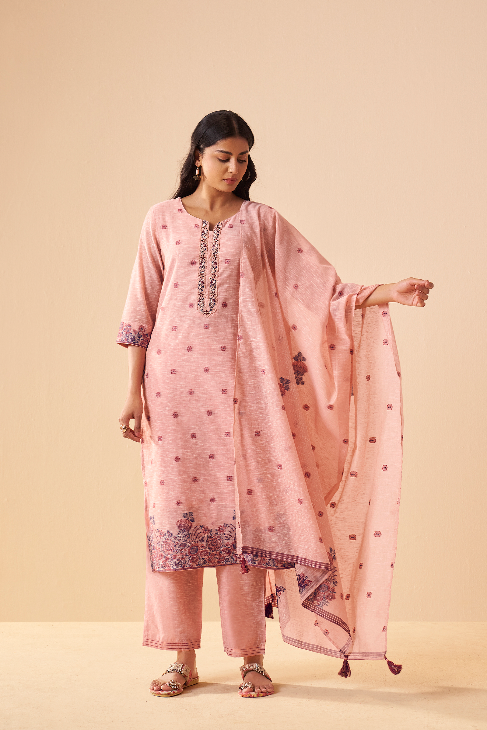 Truffle Pink Linen Chanderi Jacquard Kurta Set