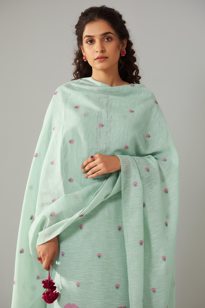 Mint Peony Linen Chanderi Jacquard Kurta Set