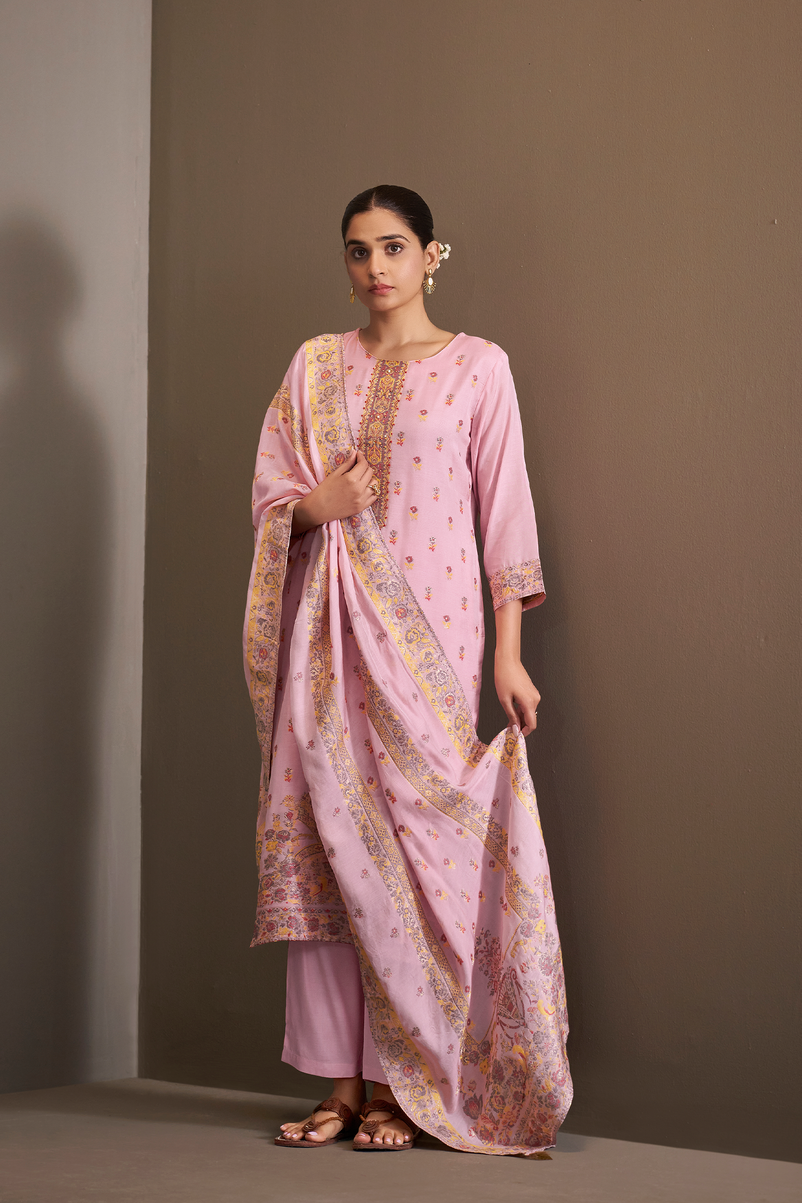 Rose Quartz Pink Chanderi Multi-Meena Work Jacquard Kurta Set
