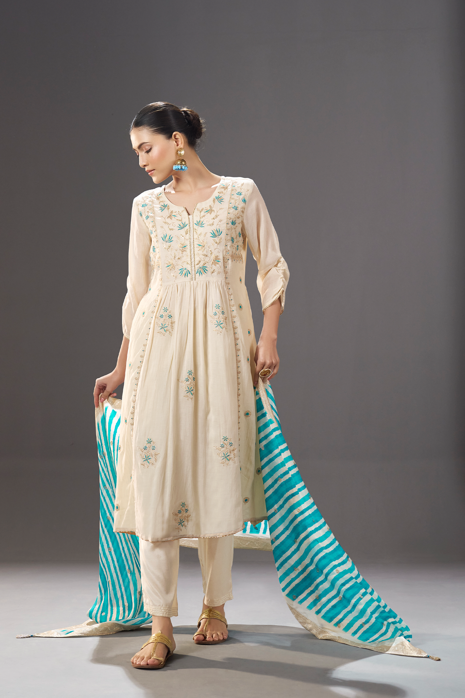 Turquoise Pearl Embroidery Kurta Set with Leheriya Dupatta