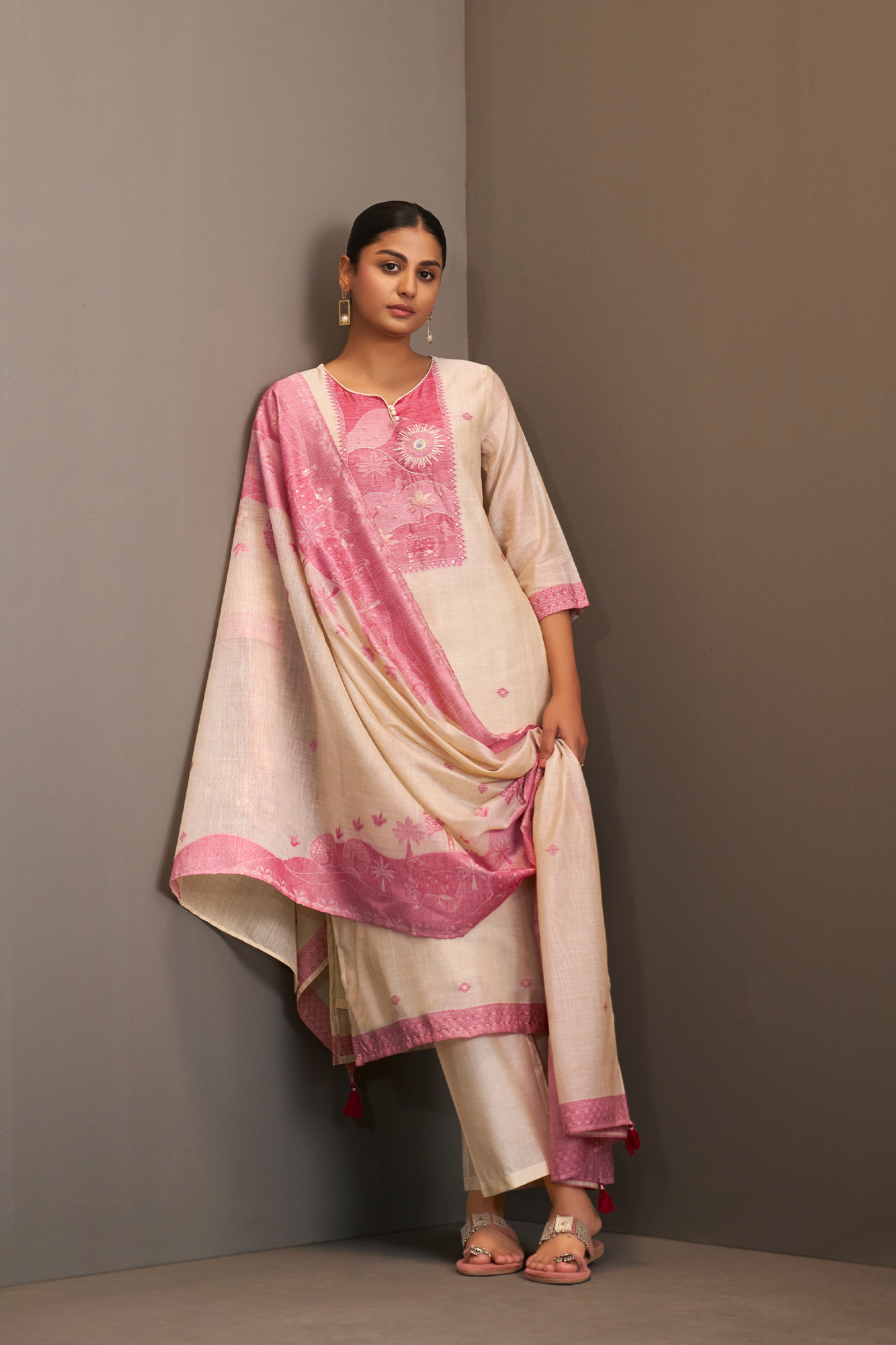 Rosewood Ivory Linen Chanderi Jacquard Kurta Set