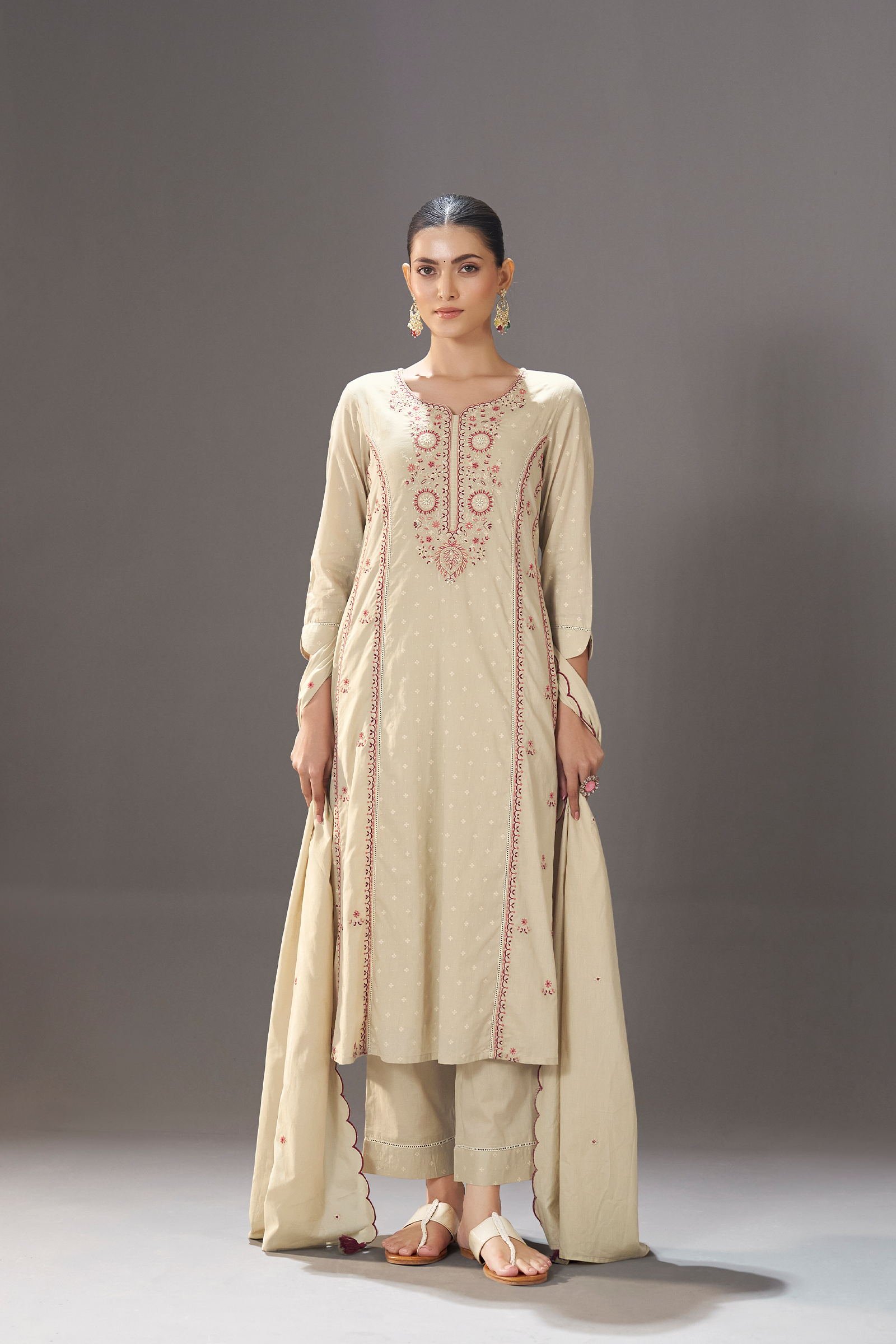 Cream Taupe Table Print Embroidered Kurta Set