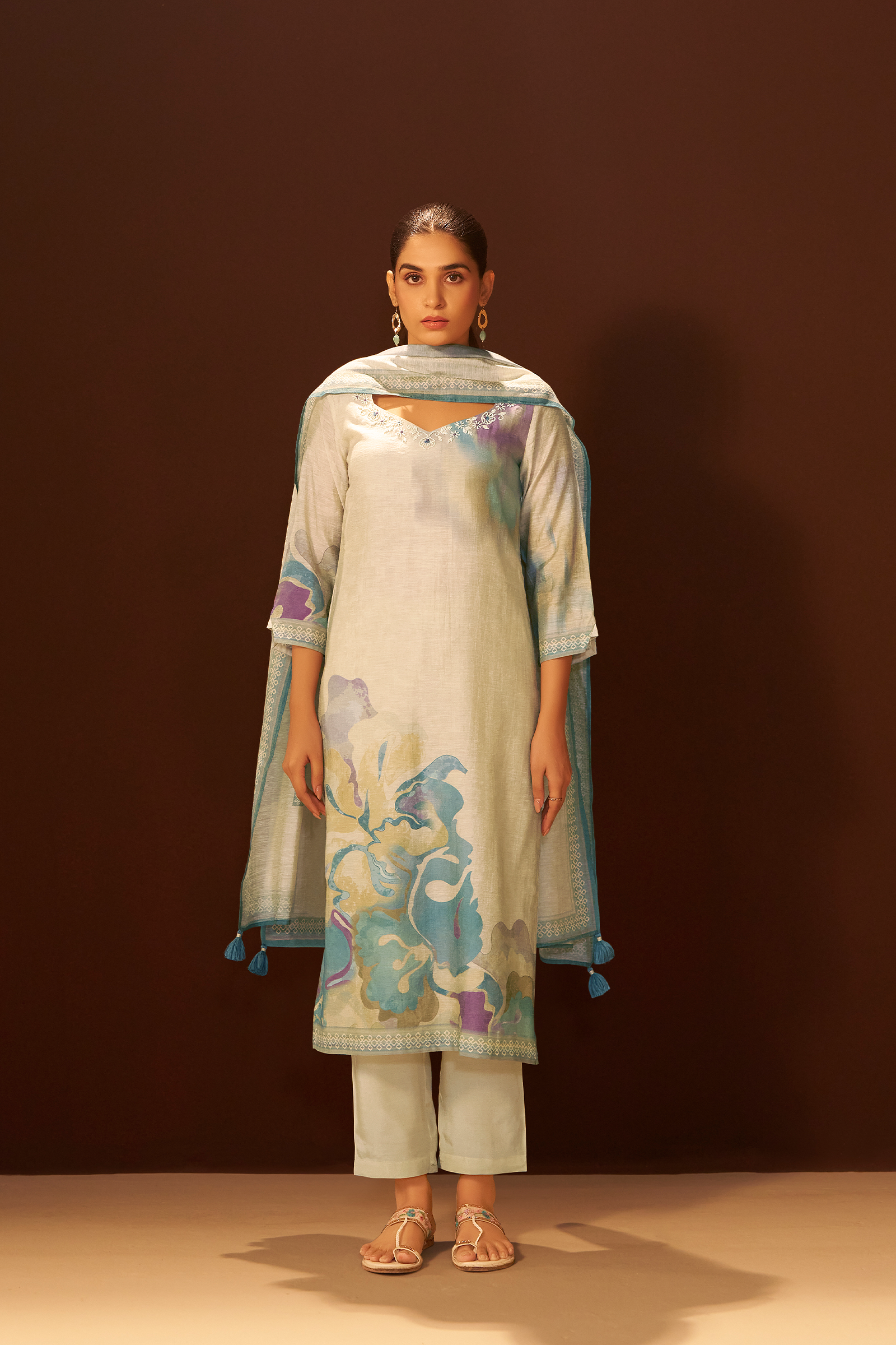 Powder Blue Mist Digital Printed Linen Kurta Set
