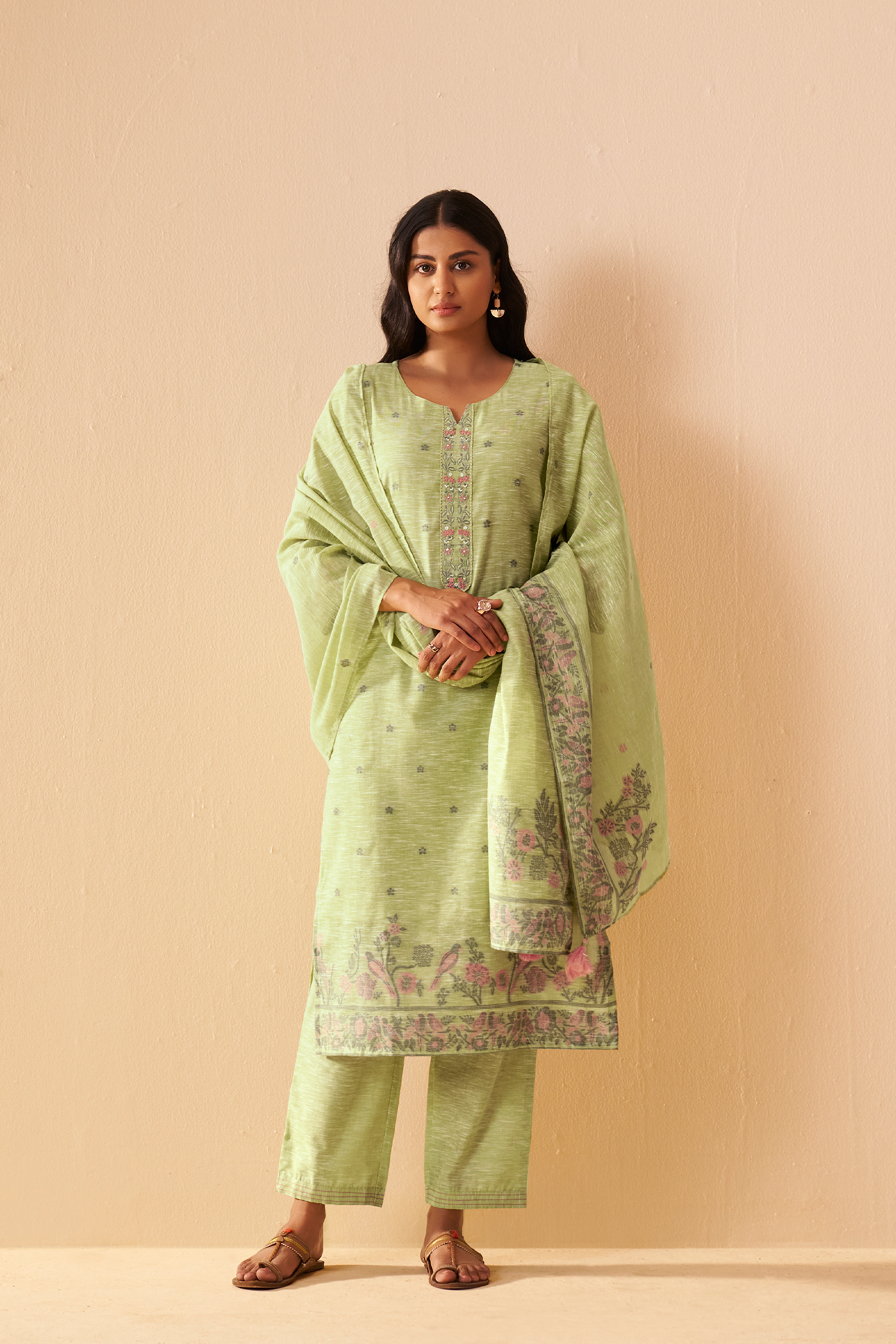 Sage Garden Linen Chanderi Jacquard Kurta Set