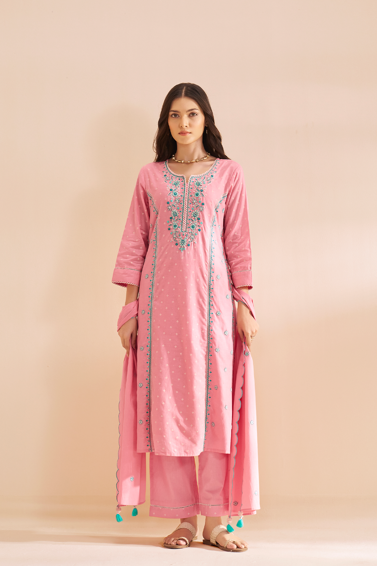 Rosy Flamingo Table Print Embroidered Kurta Set