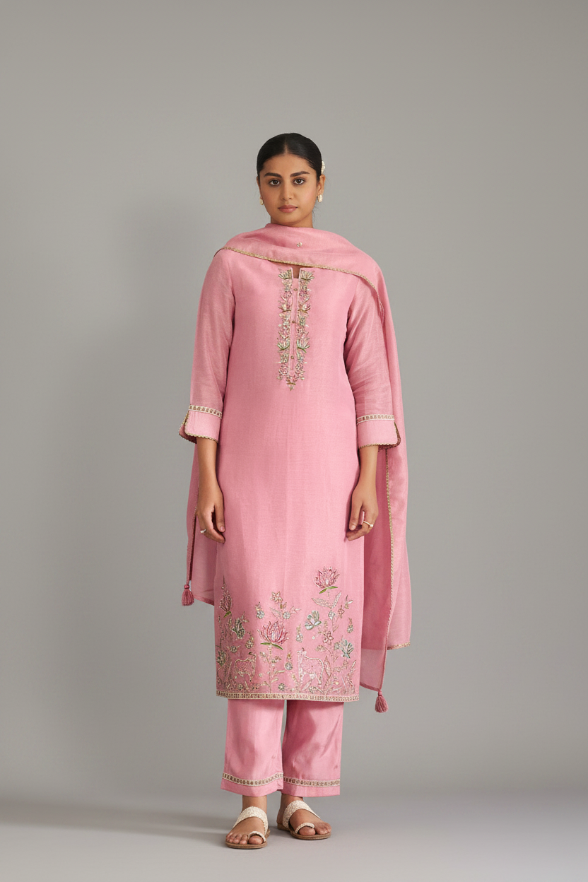 Powder Rosé Shimmer Linen Embroidered Kurta Set