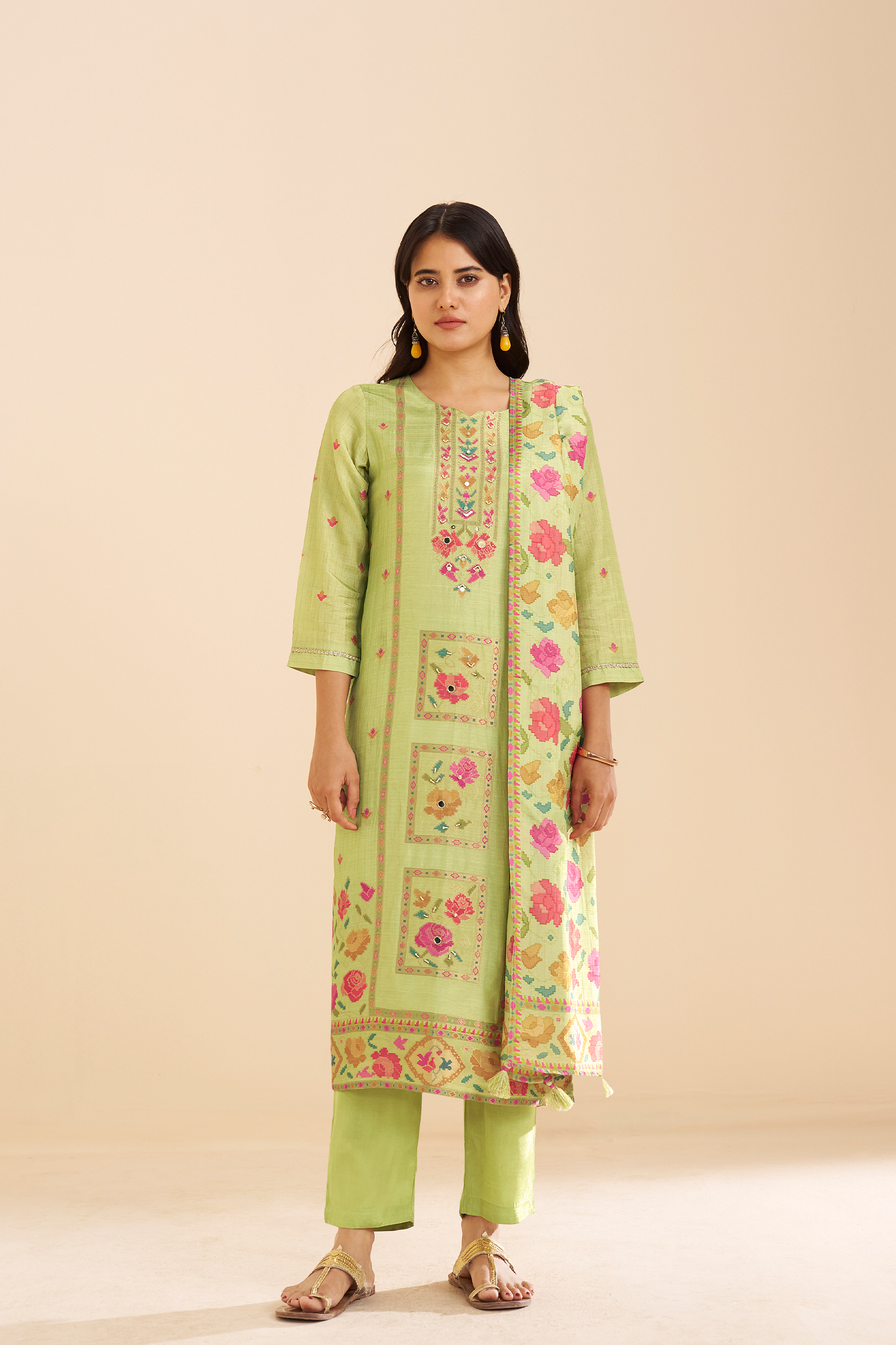 Pistachio Bloom Printed Viscose Jacquard Kurta Set