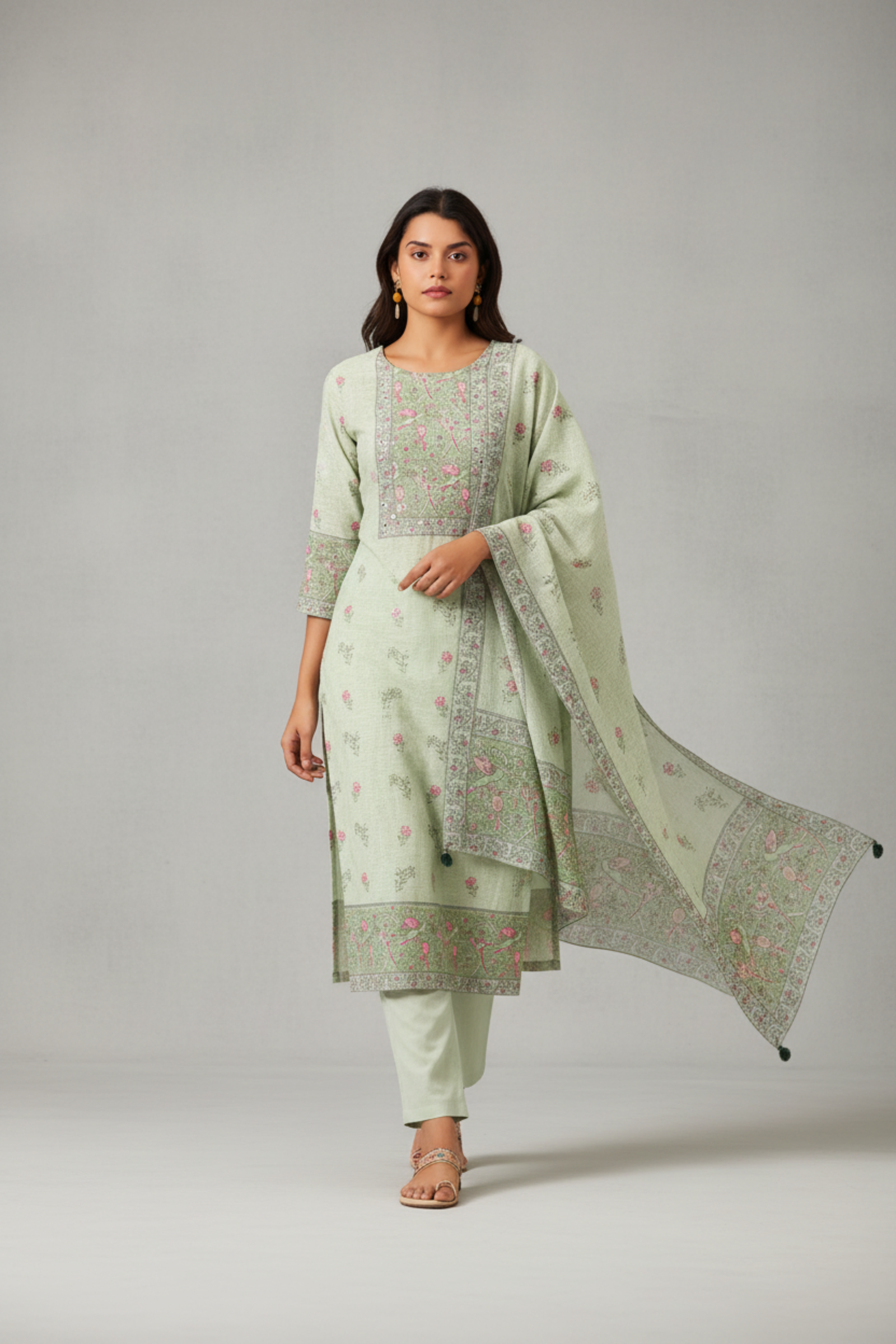 Ivory Mint Digital Printed Embroidered Kurta Set