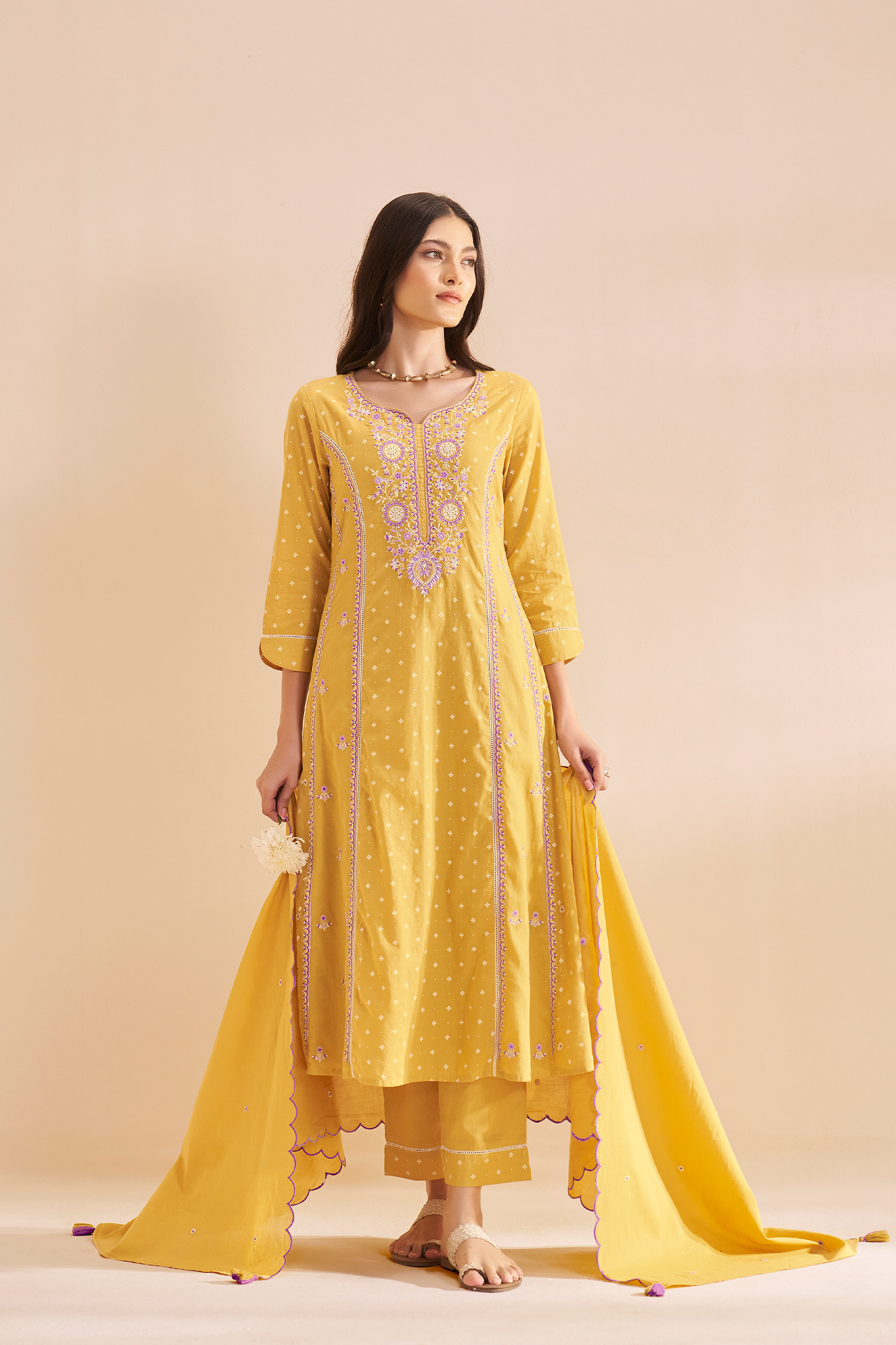 Golden Mimosa Table Print Embroidered Kurta Set