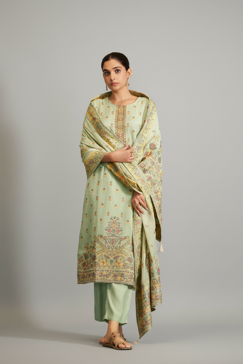 Soft Celadon Chanderi Multi-Meena Work Jacquard Kurta Set