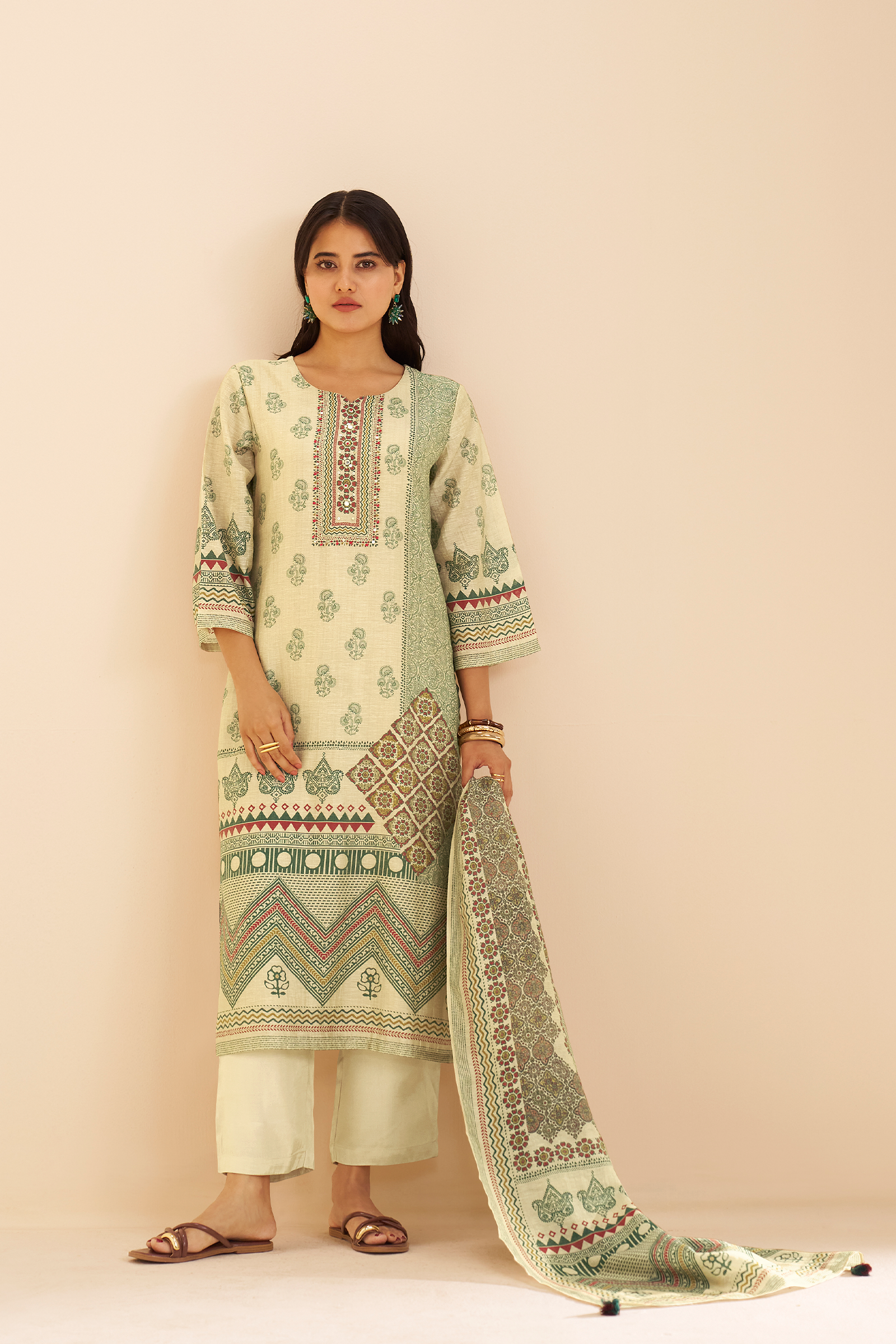 Pistachio Sage Shimmer linen Digital printed Kurta Set