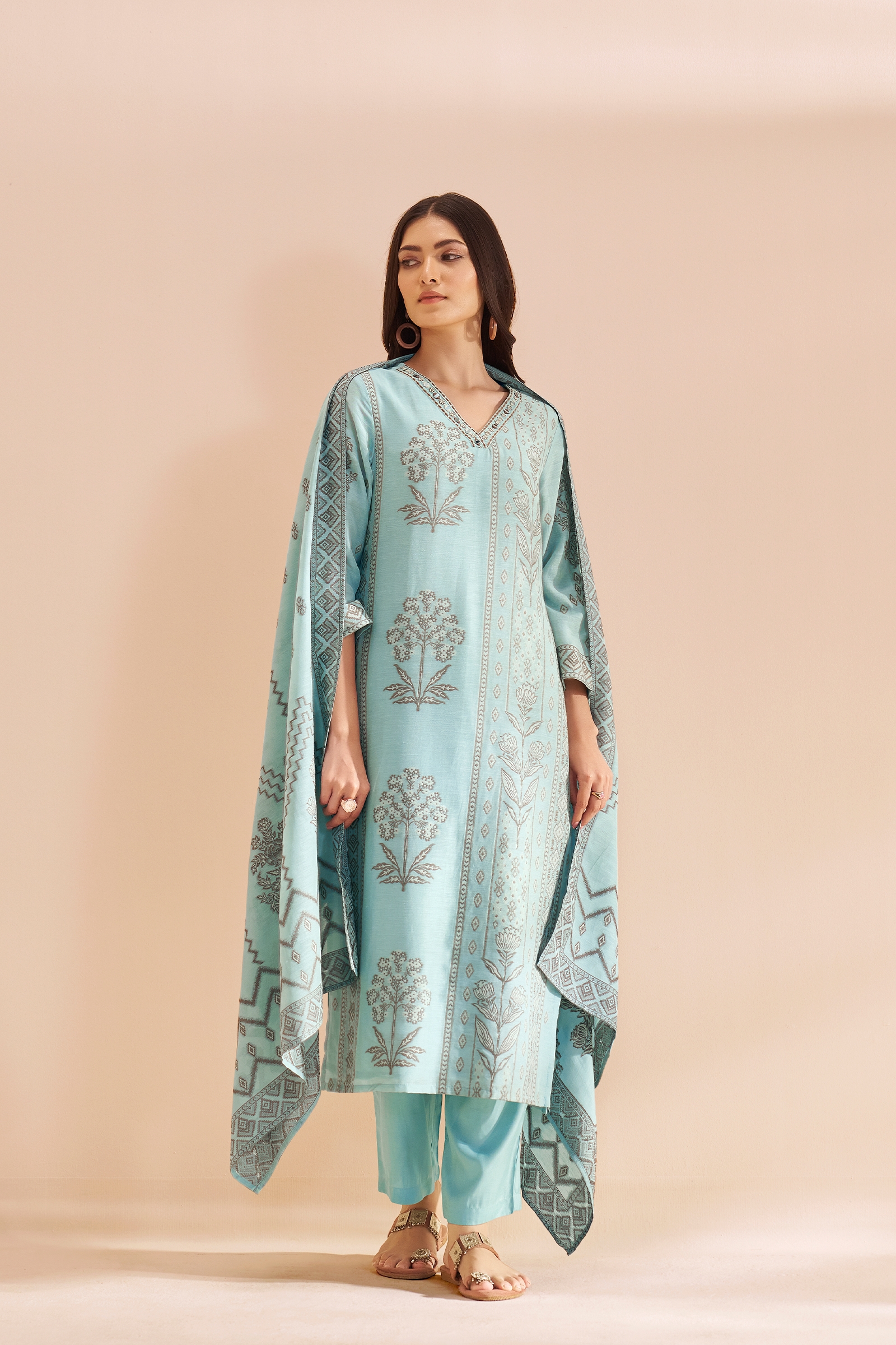 Powder Aqua Botanica Linen Jacquard Kurta set