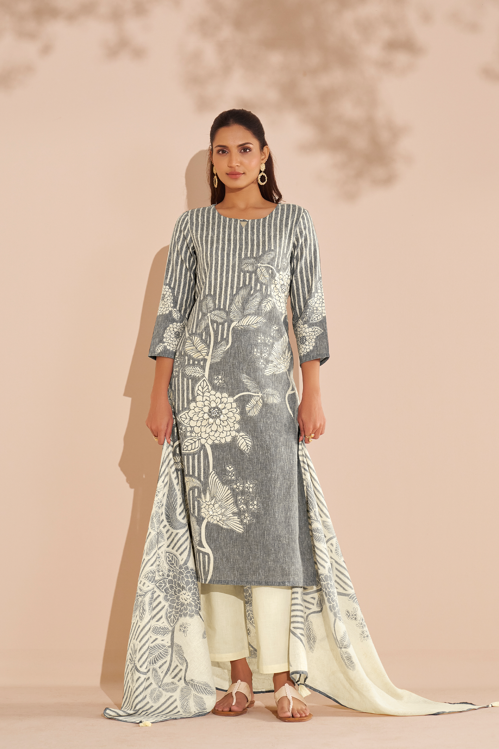 Ash Grey Cotton Linen Digital Printed Kurta Set