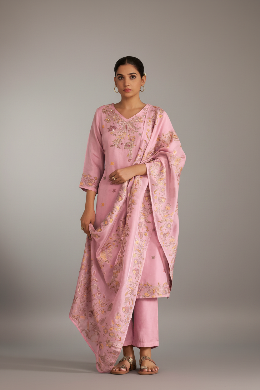 Soft Peony Chanderi Multi-Meena Work Jacquard Kurta Set