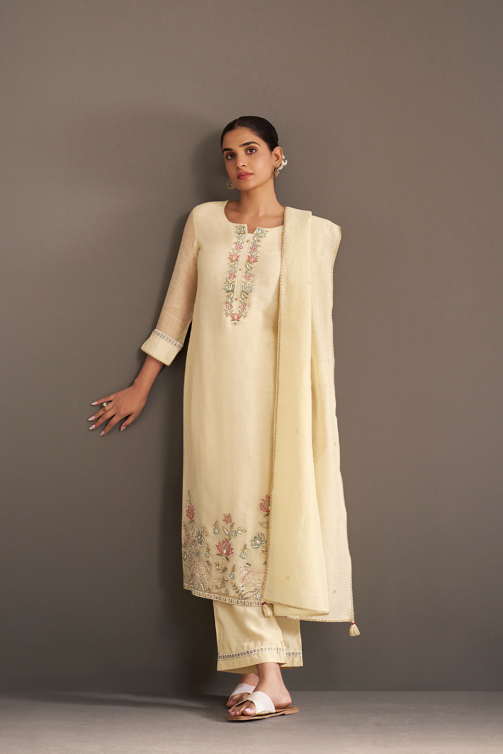 Pearl Sand Shimmer Linen Embroidered Kurta Set
