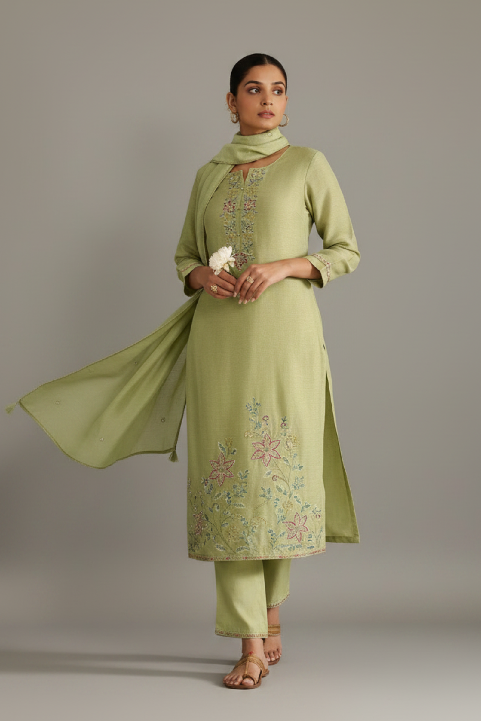 Soft Olive Shimmer Linen Embroidered Kurta Set