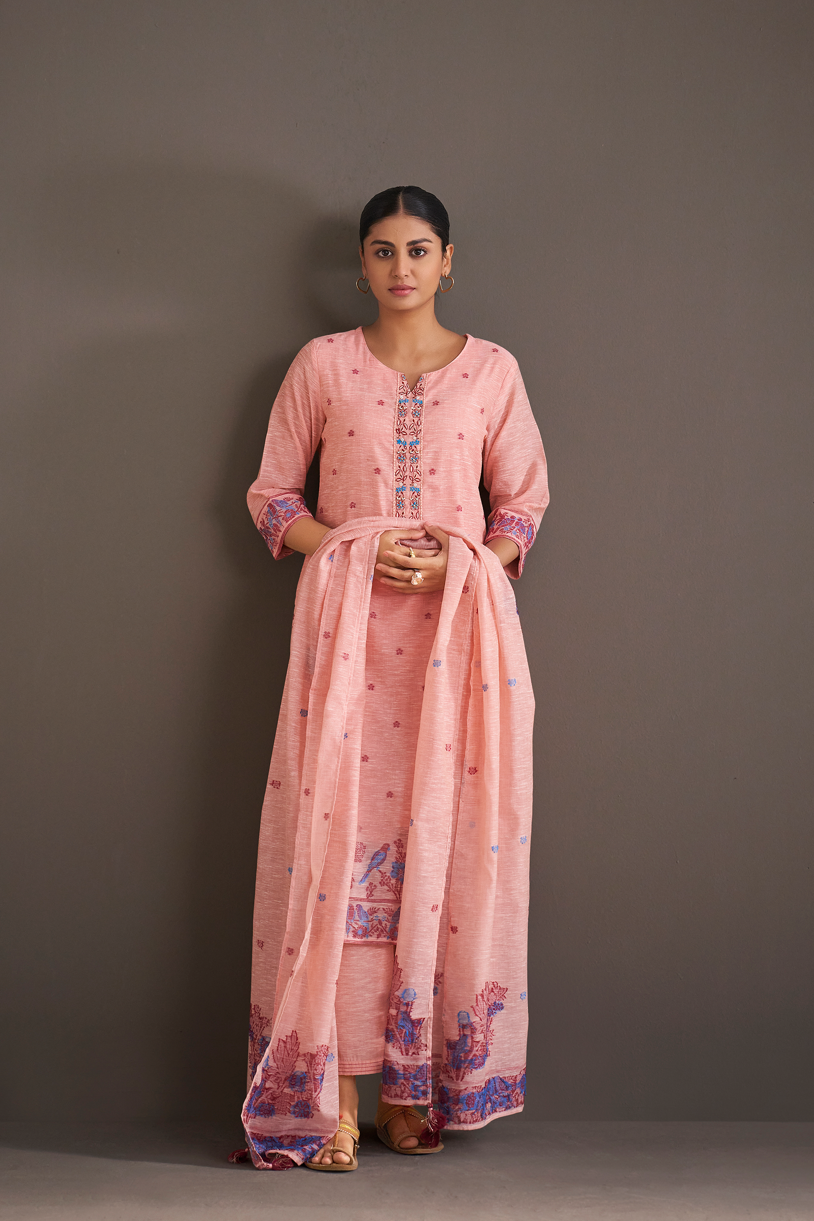 Blush Berry Linen Chanderi Jacquard Kurta Set