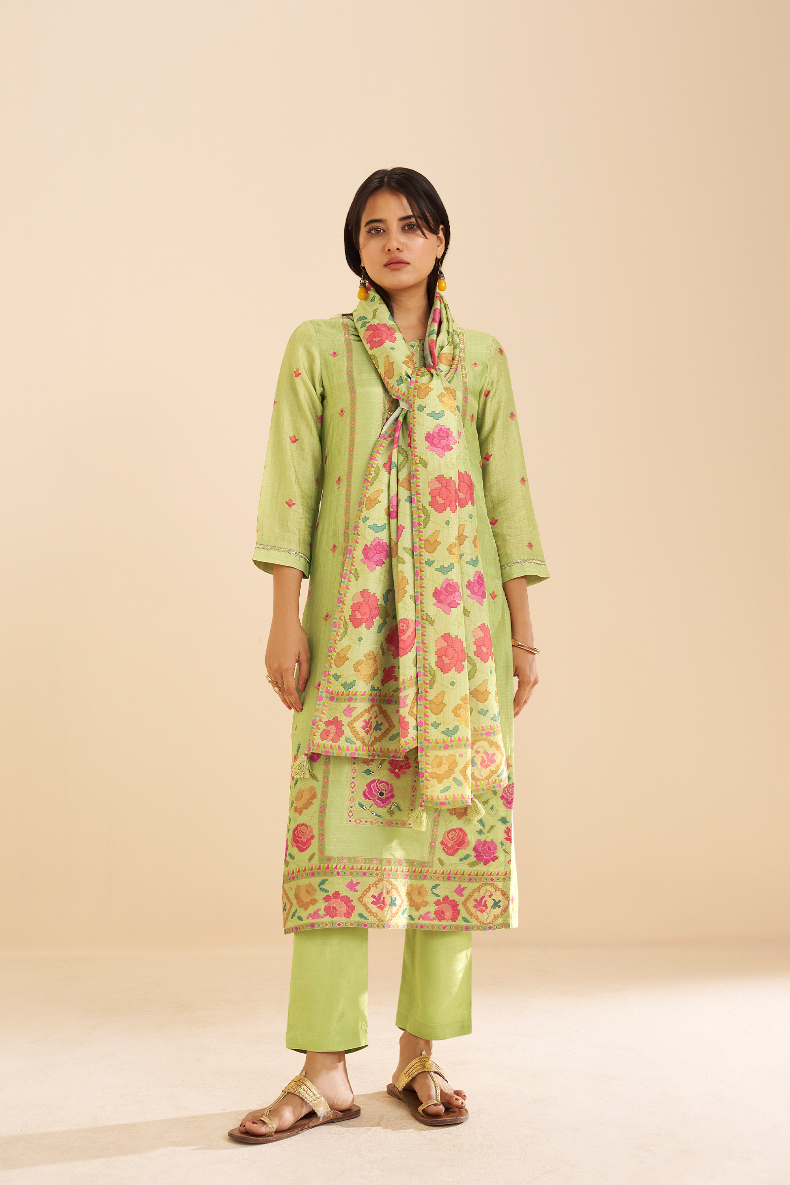 Pistachio Bloom Printed Viscose Jacquard Kurta Set