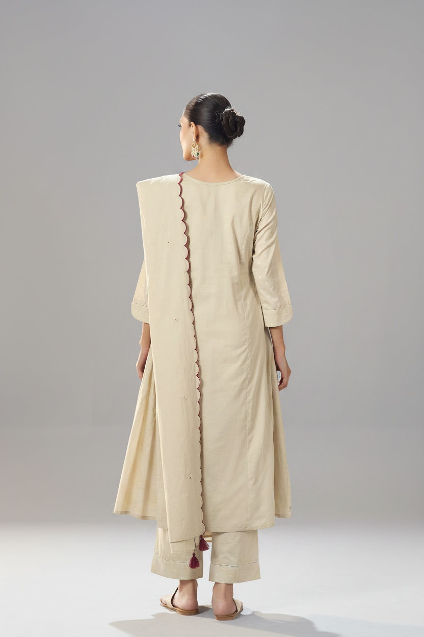 Cream Taupe Table Print Embroidered Kurta Set