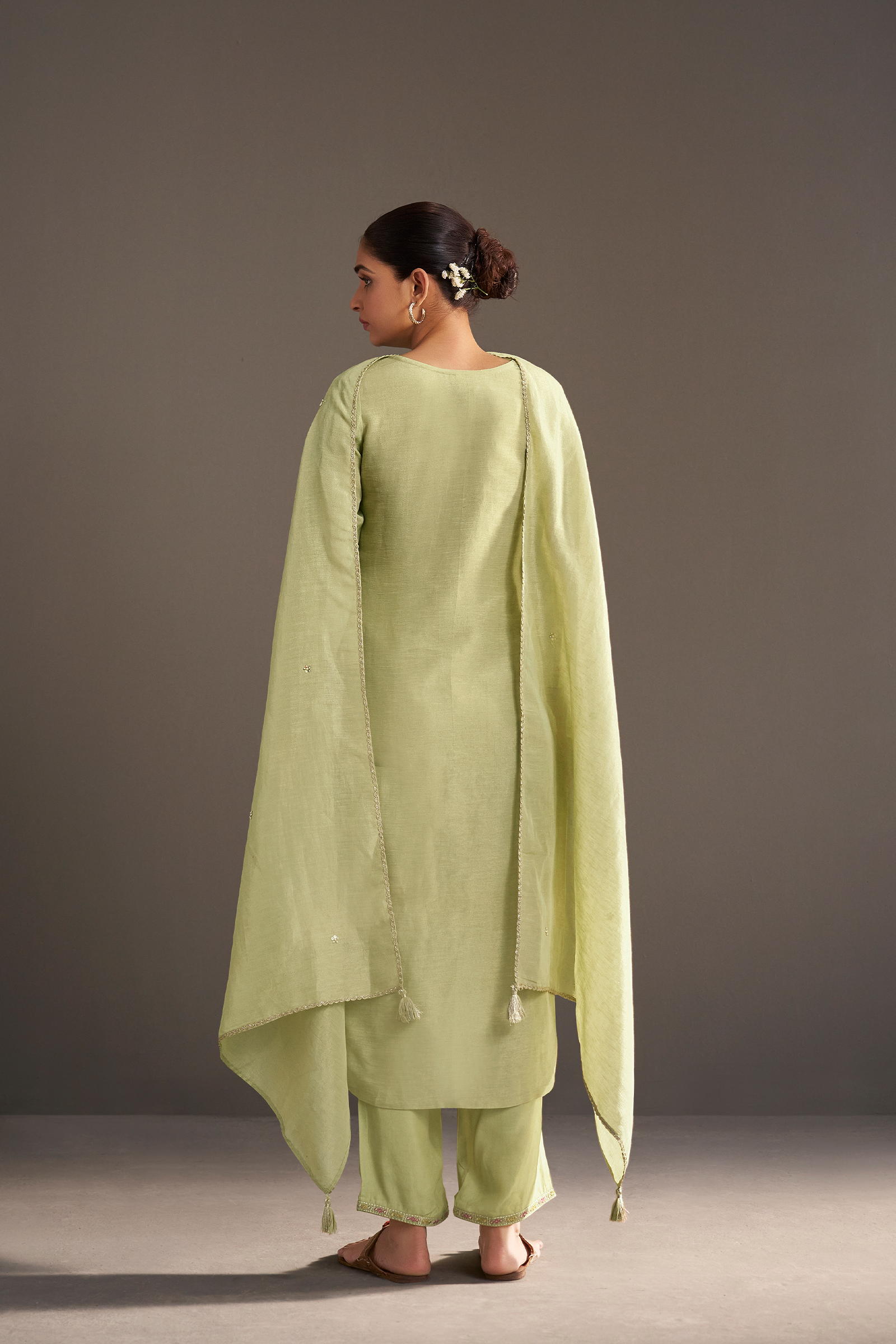 Soft Olive Shimmer Linen Embroidered Kurta Set