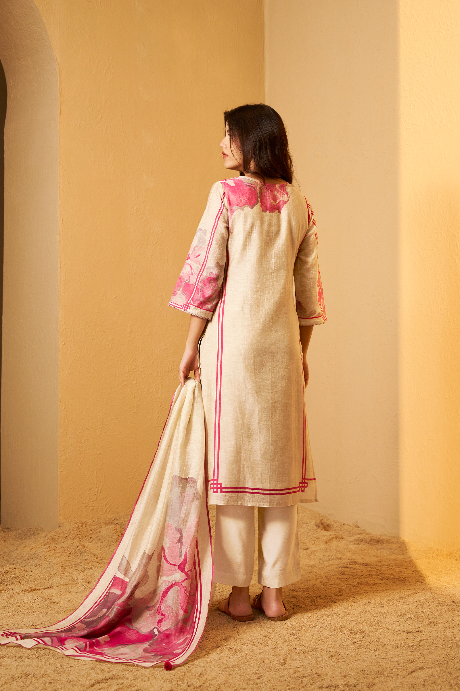 Beige Bloom Shimmer Linen Digital Print Kurta Set