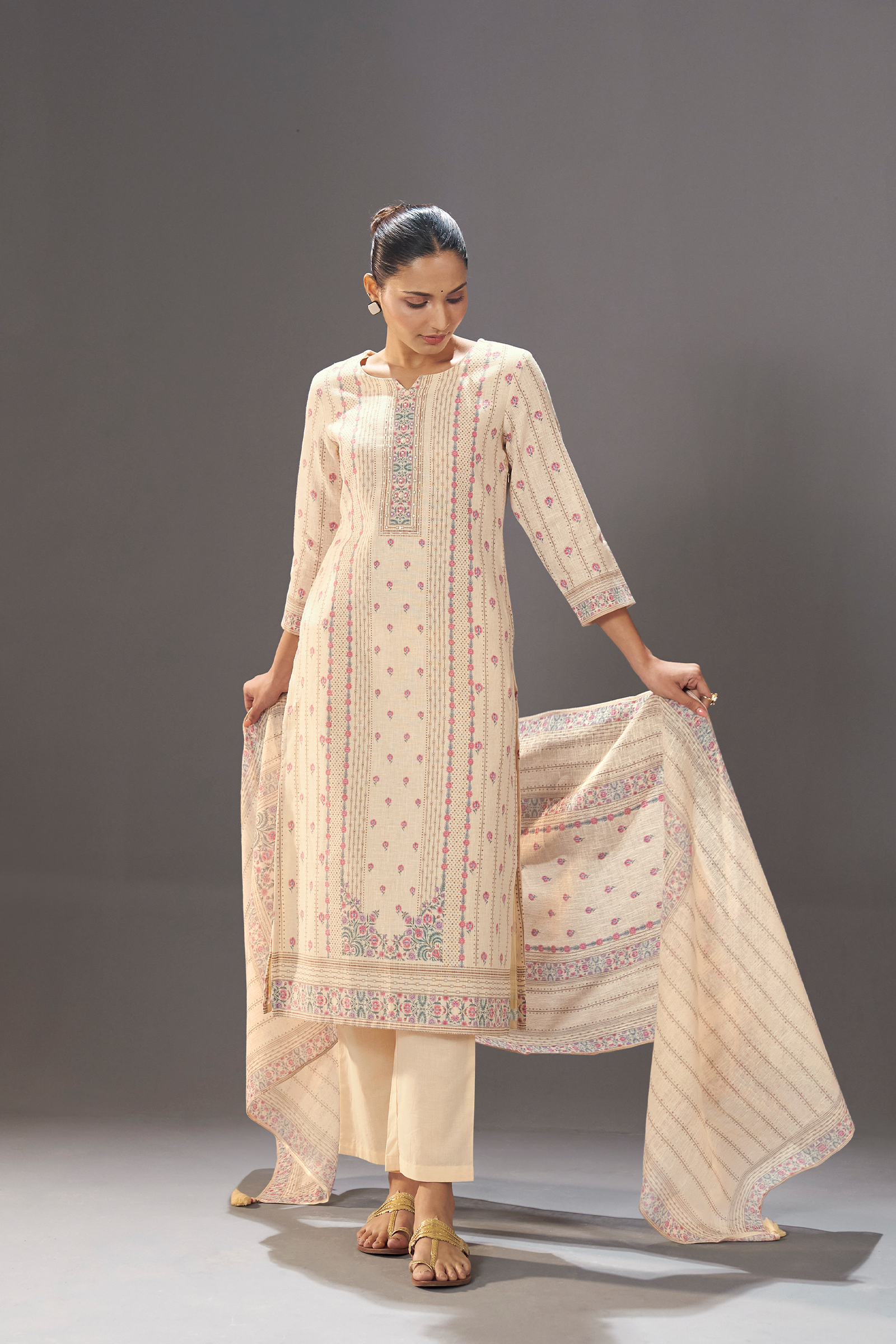 Ivory Petal Vine Linen Cotton Digital Printed Kurta Set
