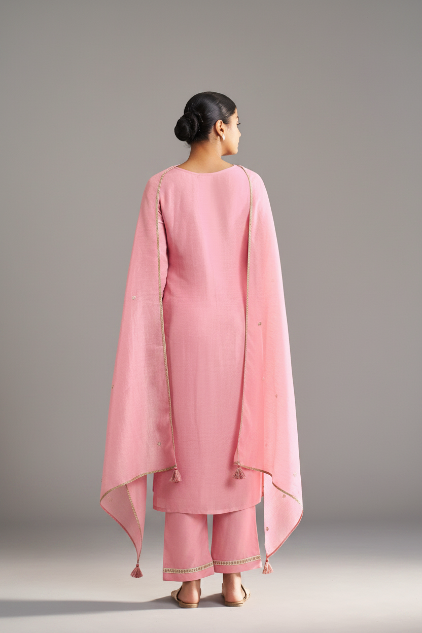 Powder Rosé Shimmer Linen Embroidered Kurta Set