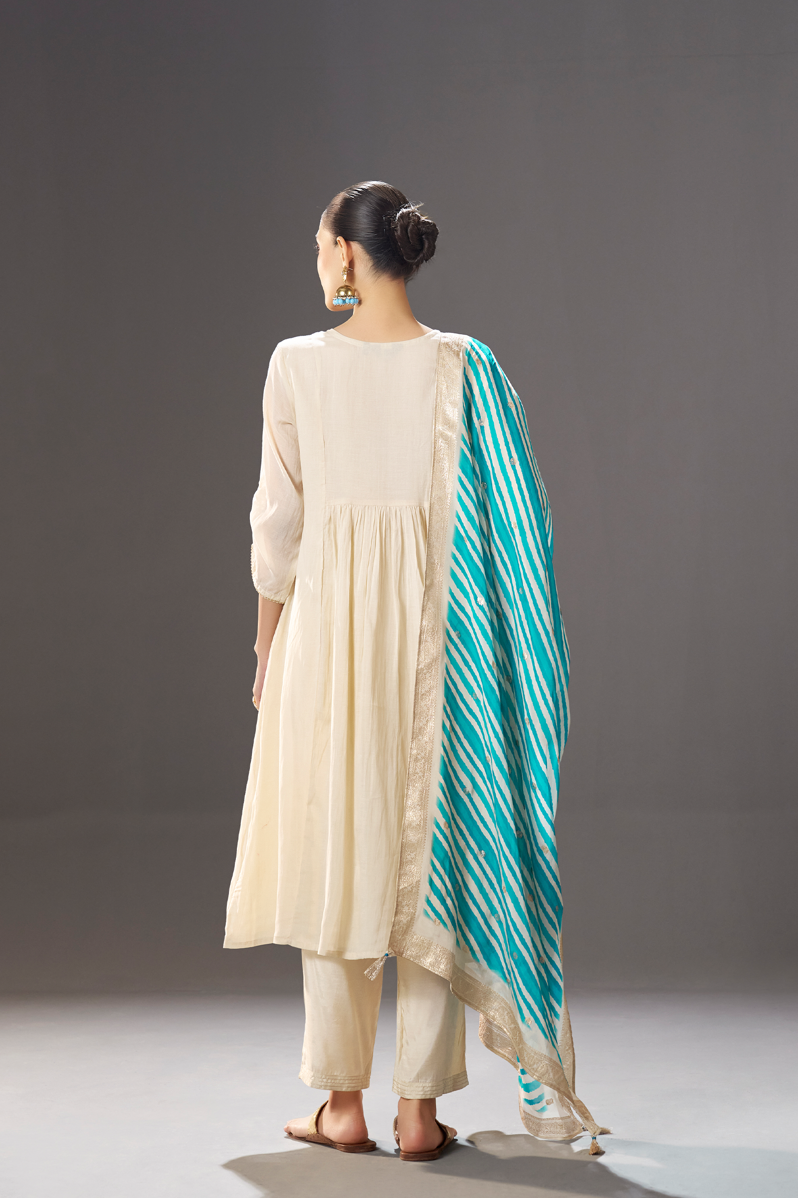 Turquoise Pearl Embroidery Kurta Set with Leheriya Dupatta