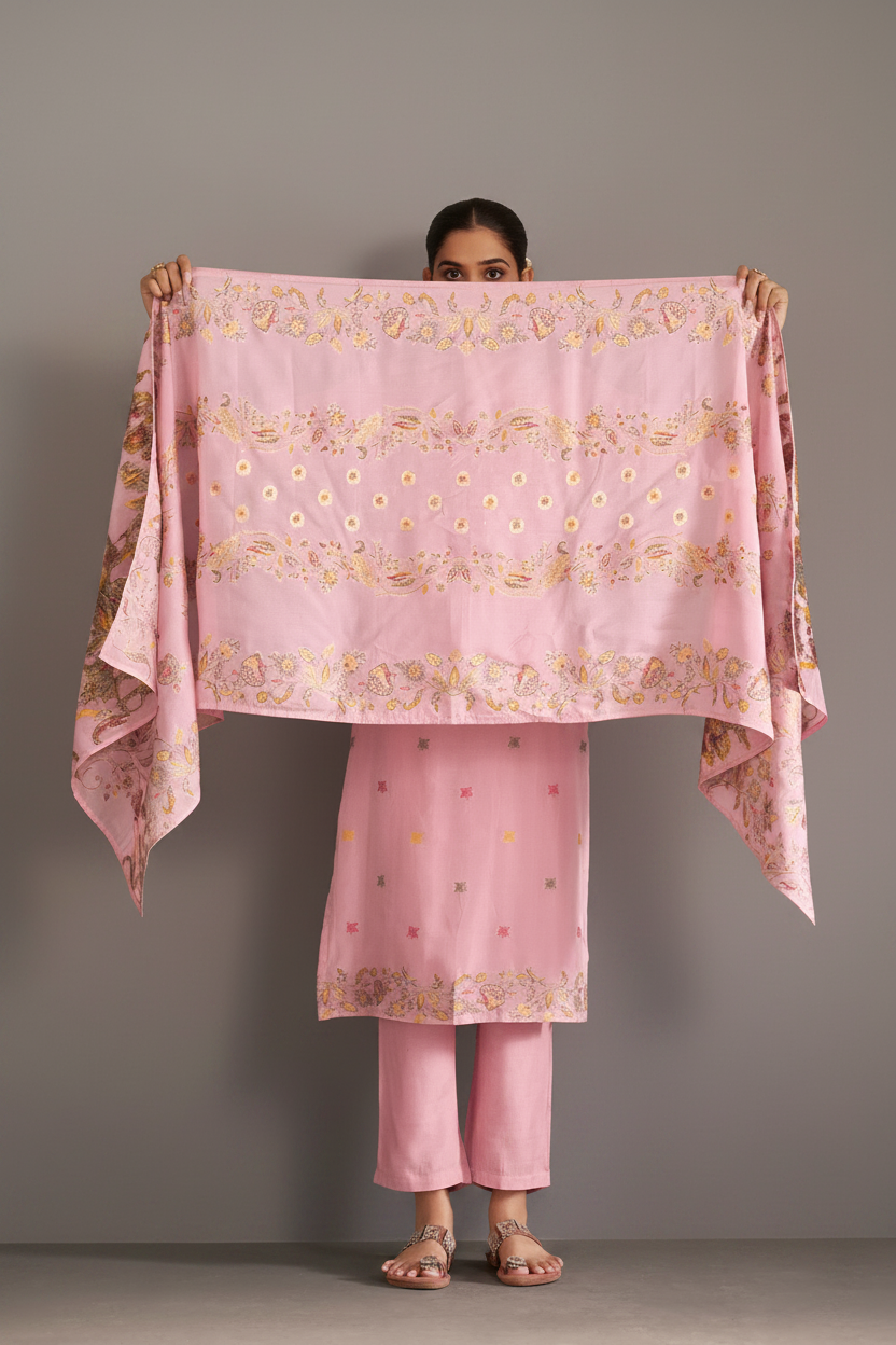 Soft Peony Chanderi Multi-Meena Work Jacquard Kurta Set