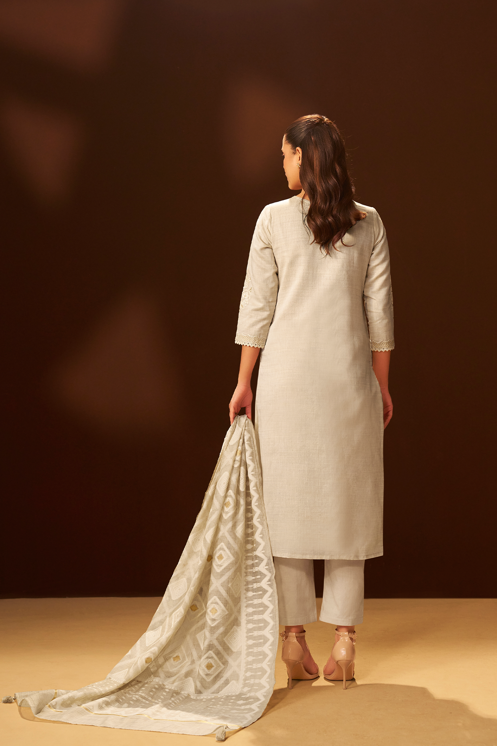 Mushroom Beige Chanderi Embroidery Kurta Set