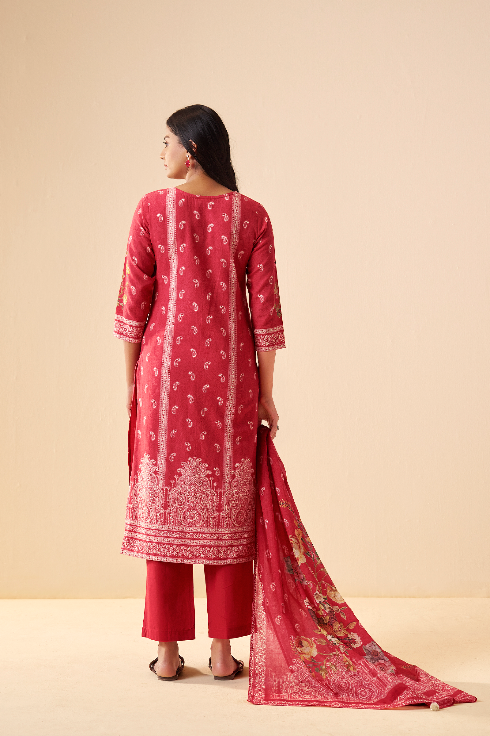 Carmine Floral Cotton Linen Digital Printed Kurta Set
