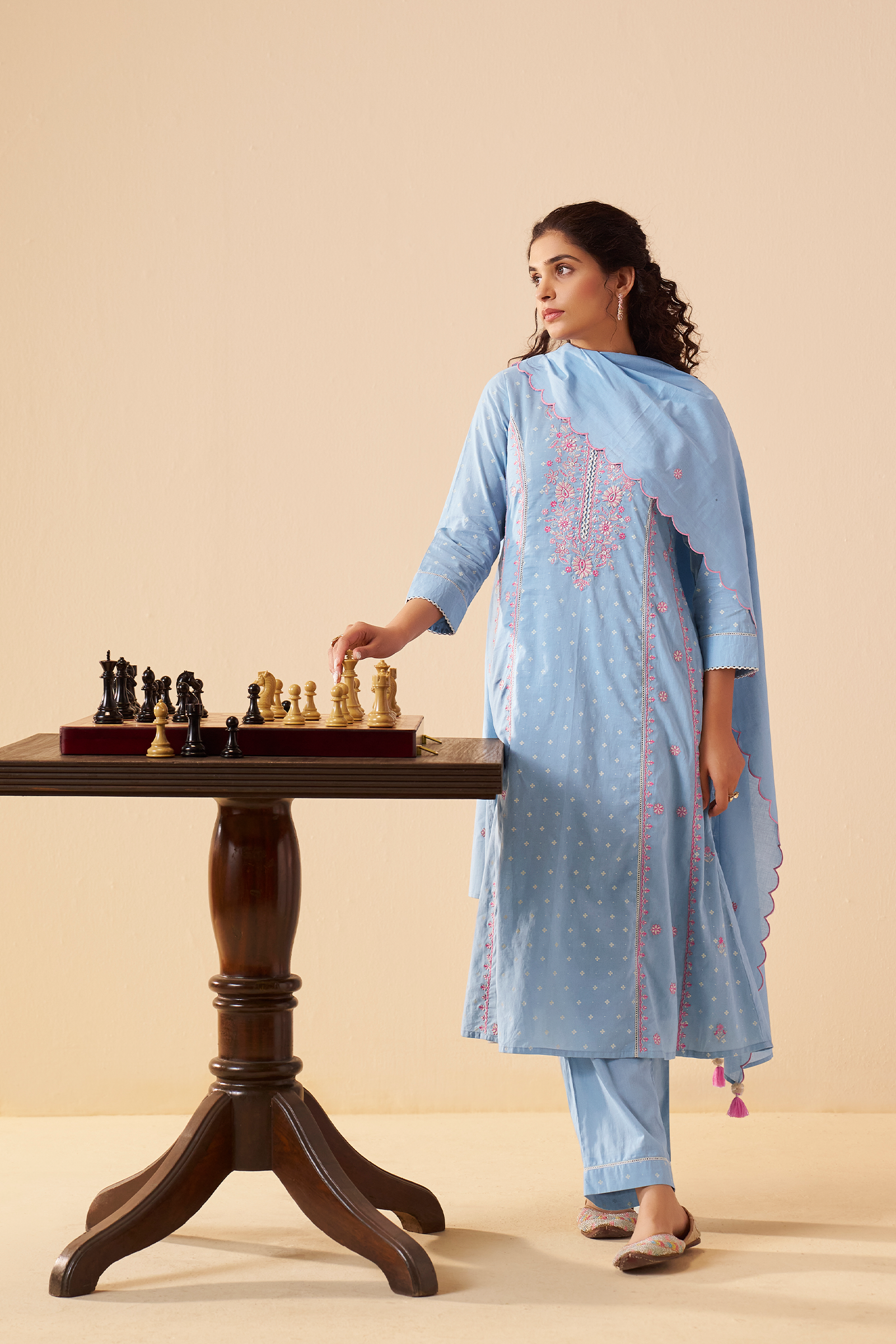 Pastel Sky Table Print Embroidered Kurta Set