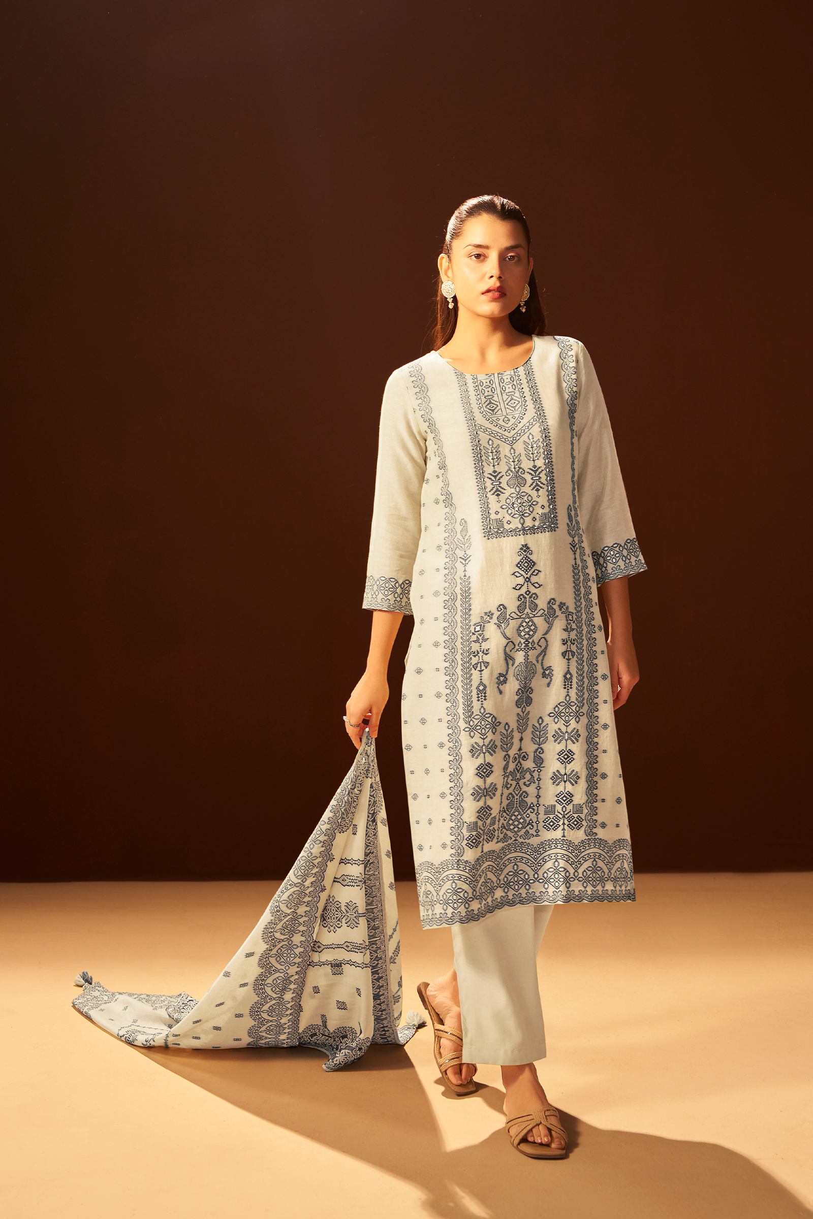 Moonstone Ivory Linen Jacquard Kurta Set