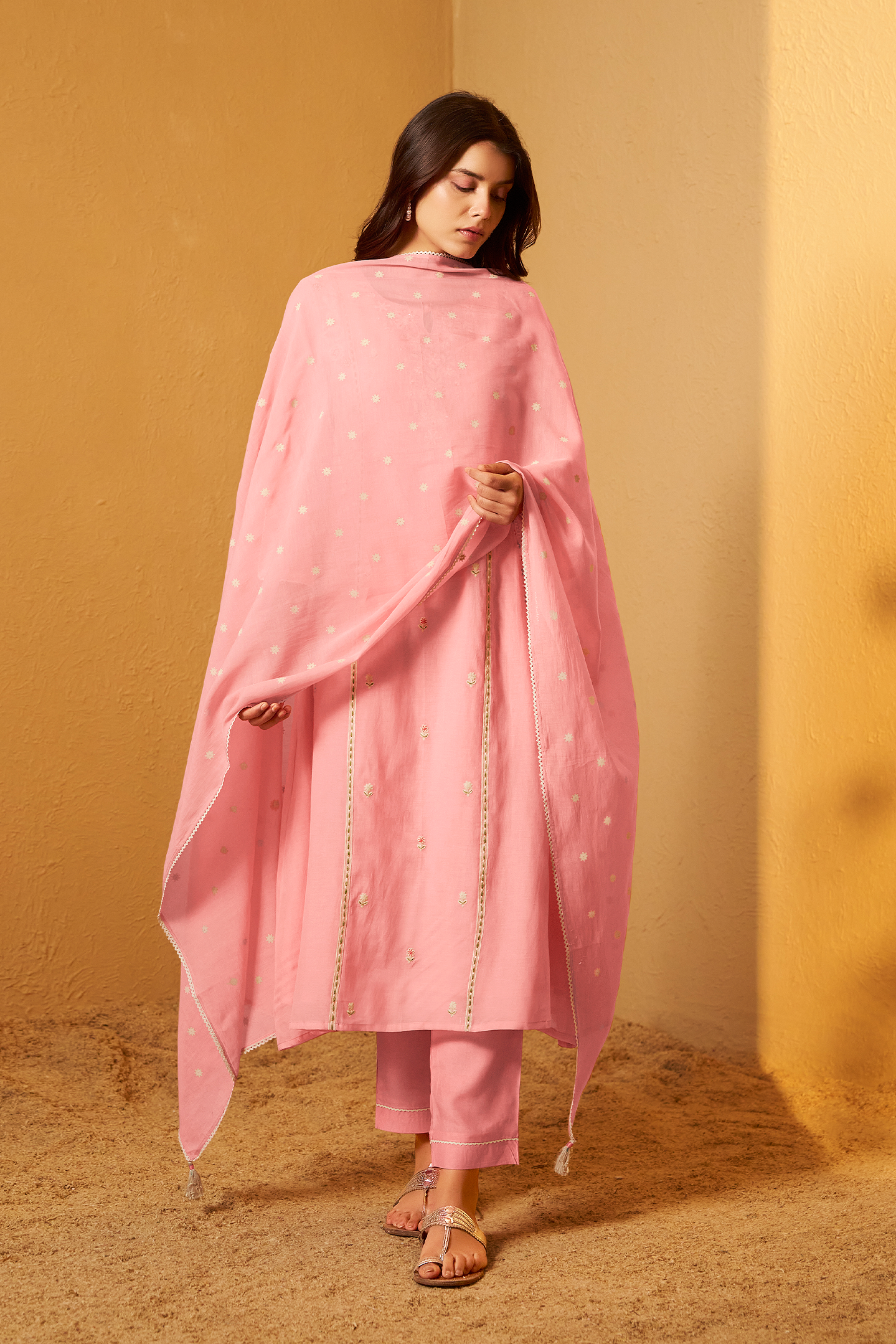 Ballet Rose Mul Chanderi A-Line Embroidery Kurta Set