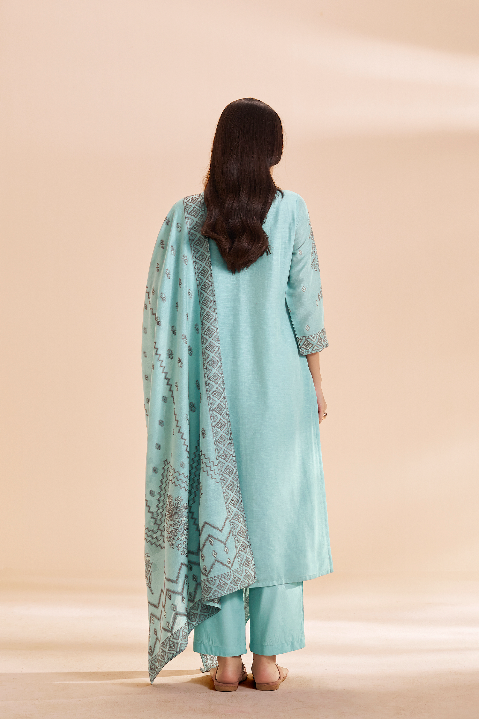 Powder Aqua Botanica Linen Jacquard Kurta set