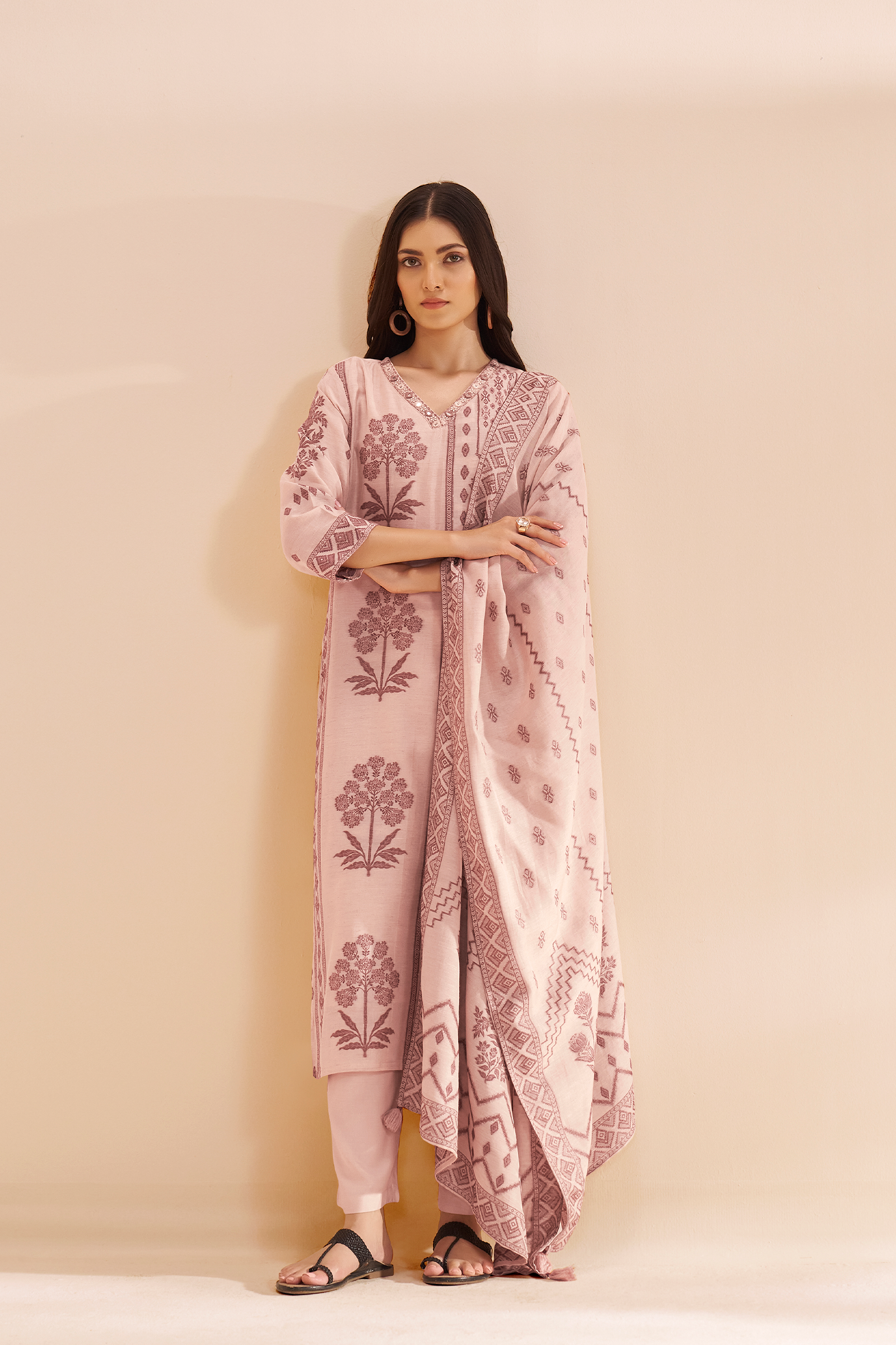 Blush Mocha Linen Jacquard Kurta Set
