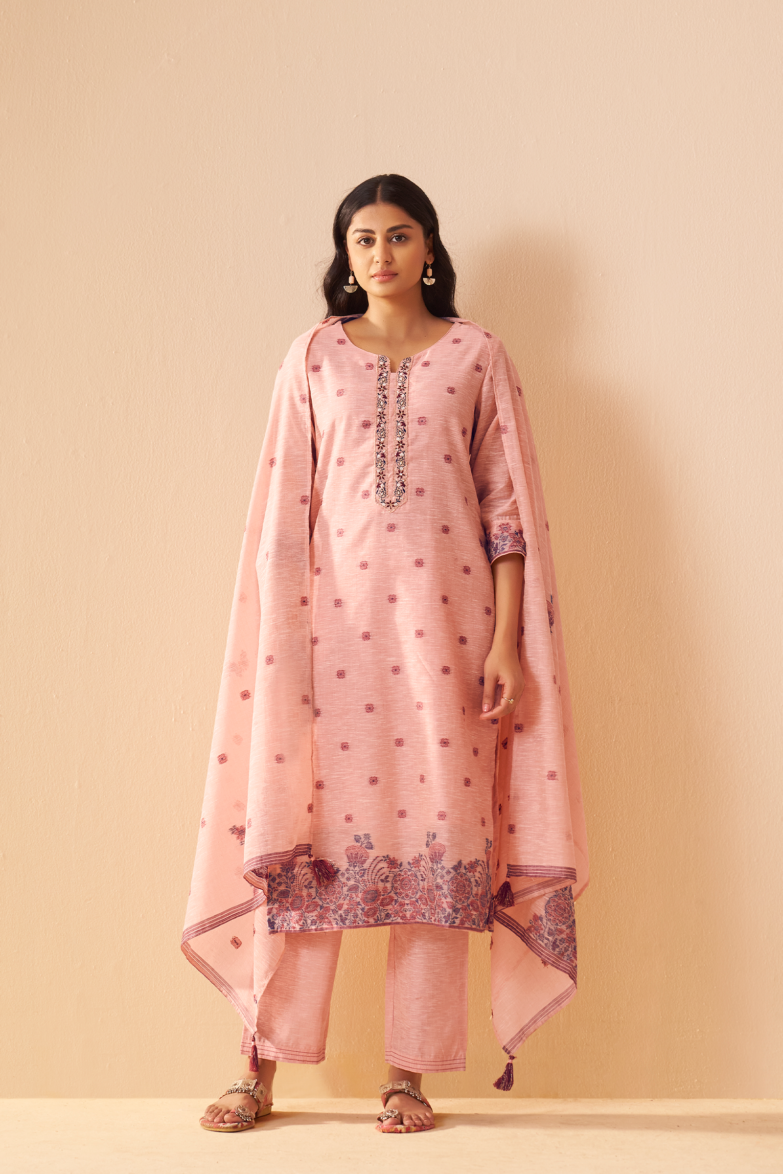Truffle Pink Linen Chanderi Jacquard Kurta Set