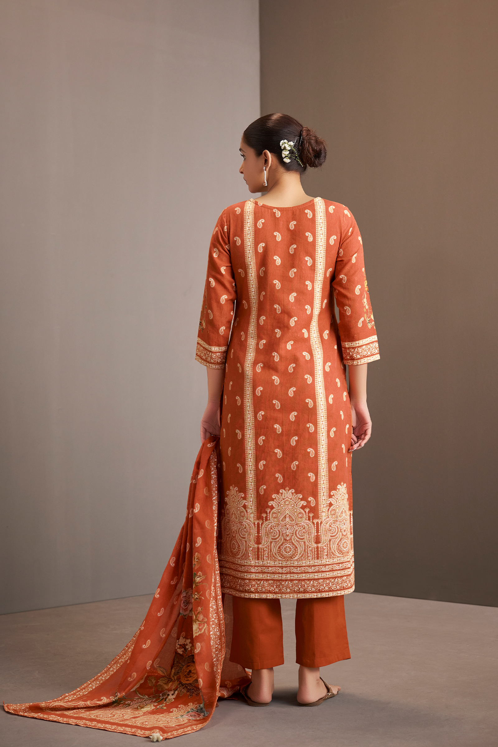 Rust Amber Cotton Linen Digital Printed Kurta Set