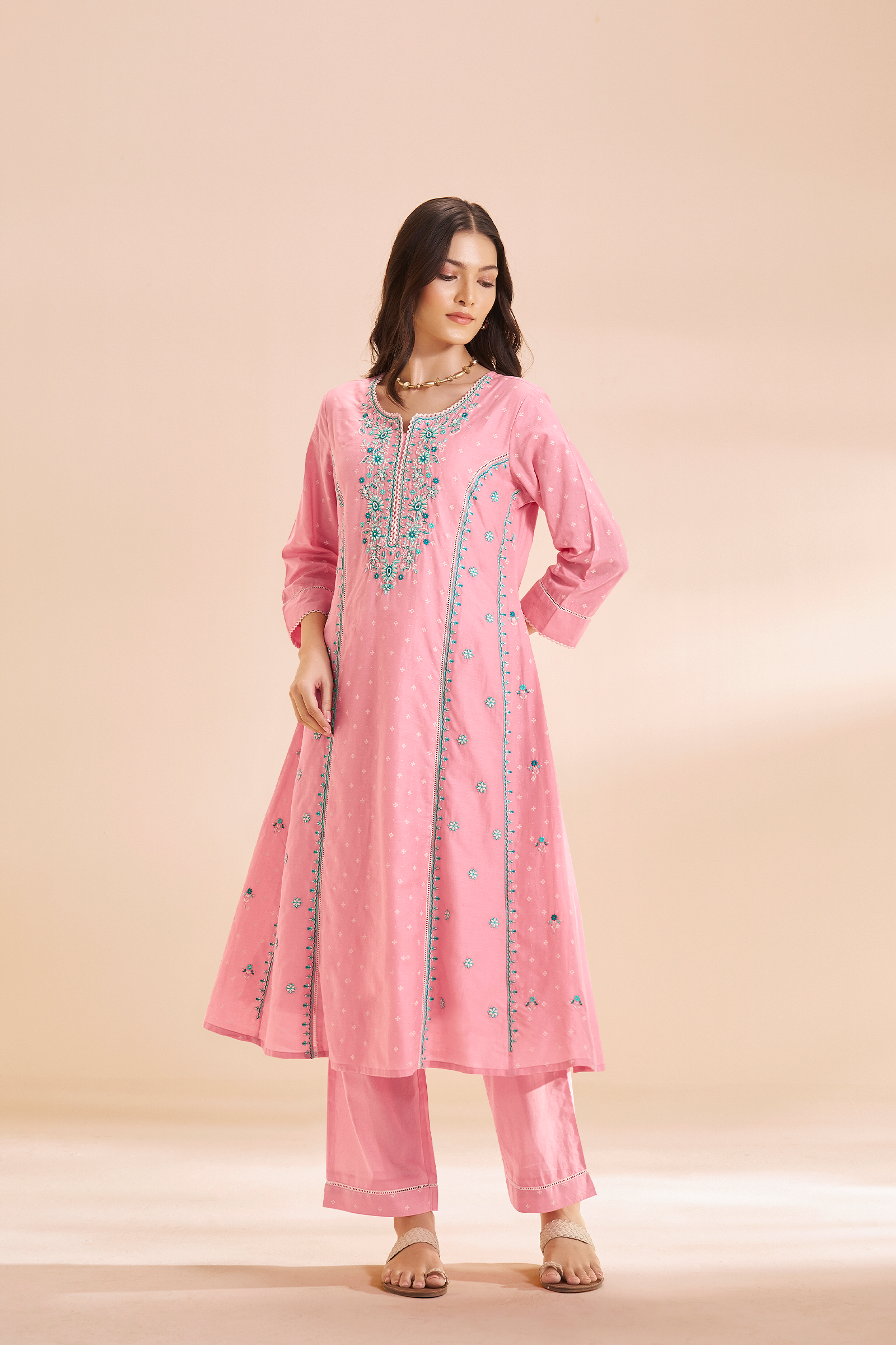 Rosy Flamingo Table Print Embroidered Kurta Set