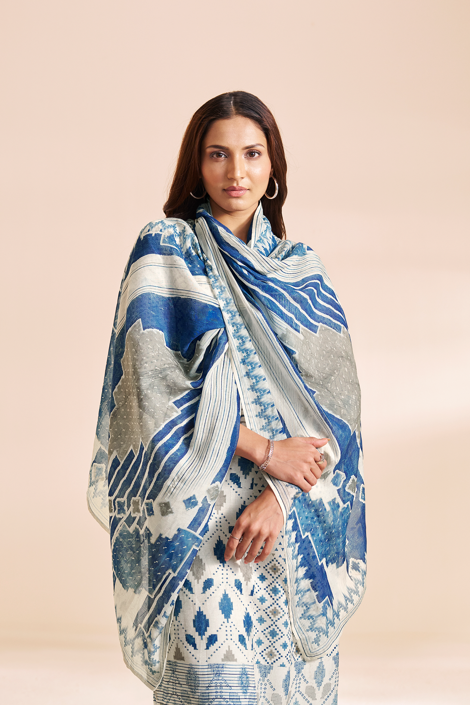 Porcelain White Mosaic Pure Chanderi Digital Printed Kurta Set