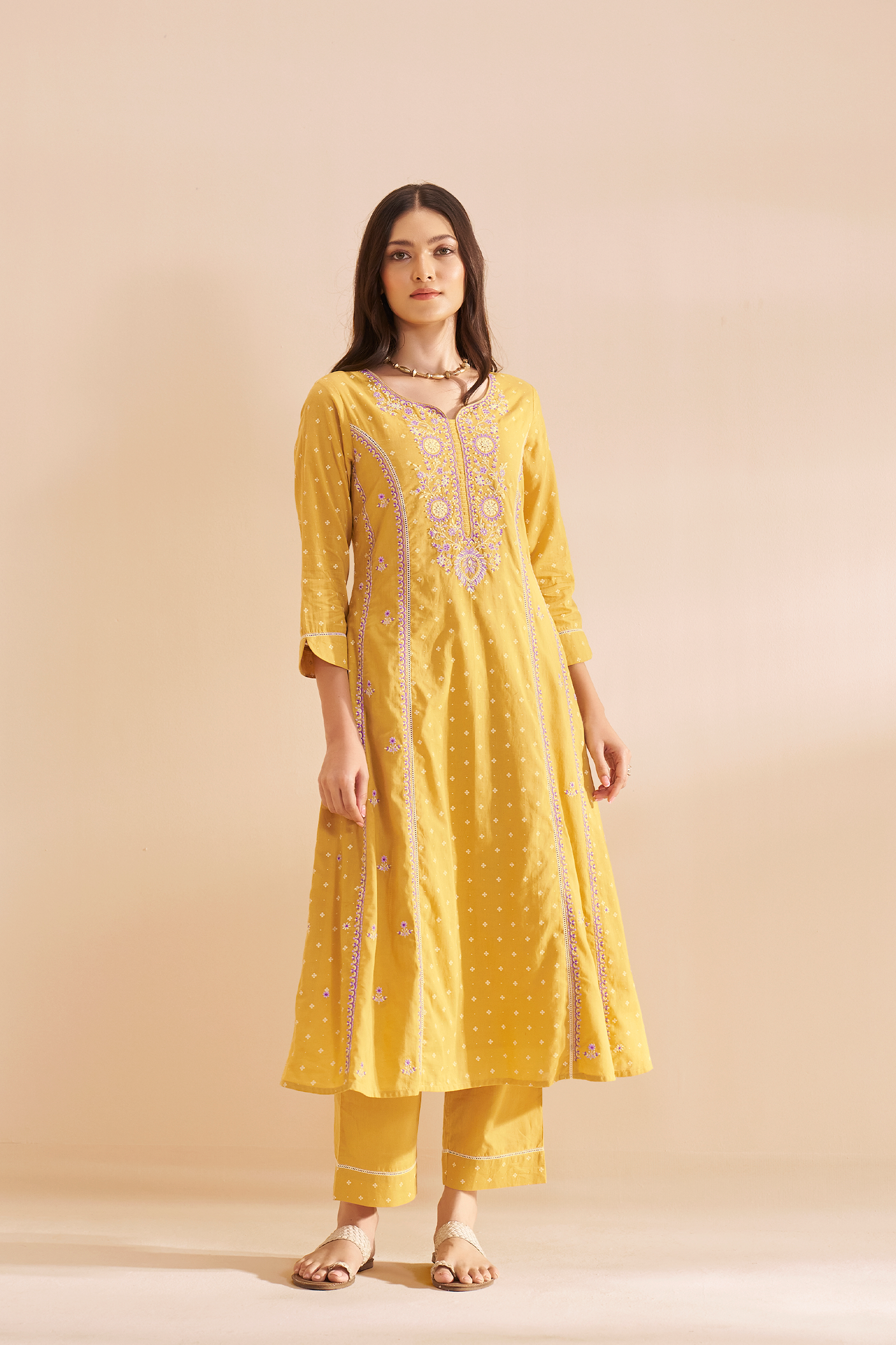 Golden Mimosa Table Print Embroidered Kurta Set