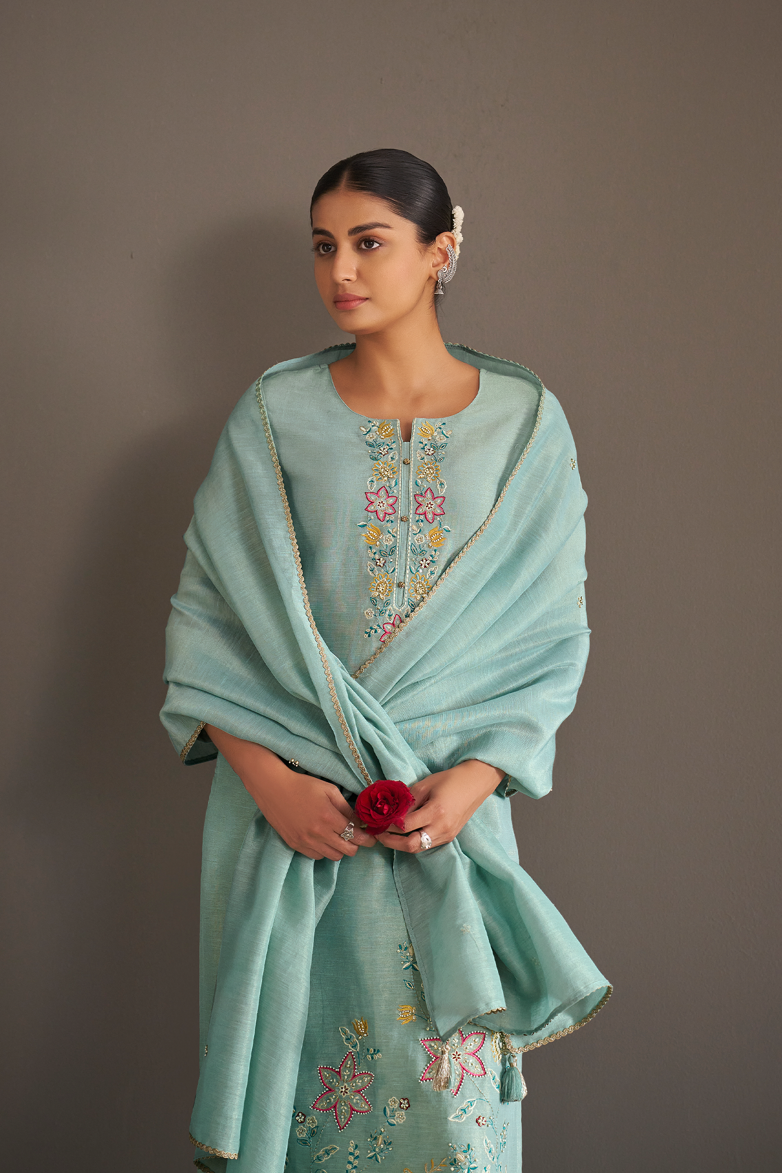 Seafoam Blue Shimmer Linen Embroidered Kurta Set