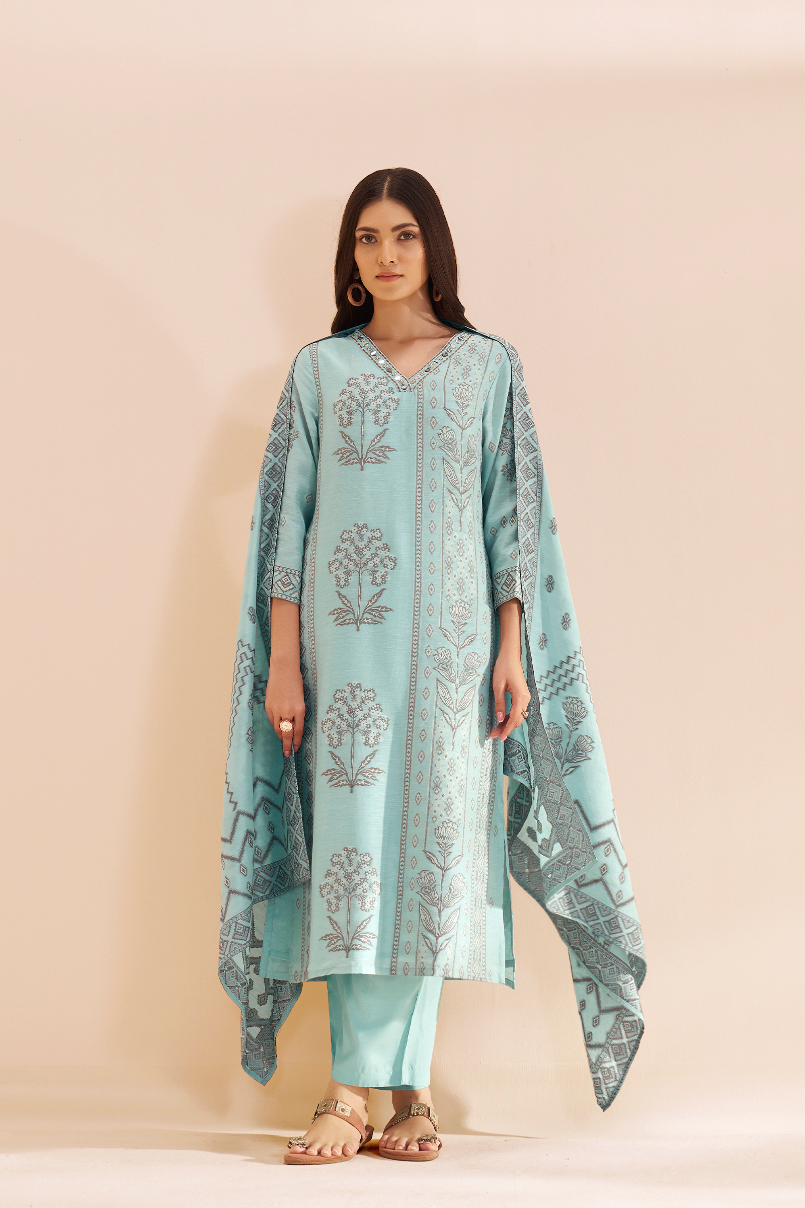 Powder Aqua Botanica Linen Jacquard Kurta set