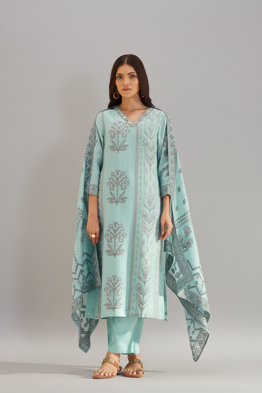 Powder Aqua Botanica Linen Jacquard Kurta set