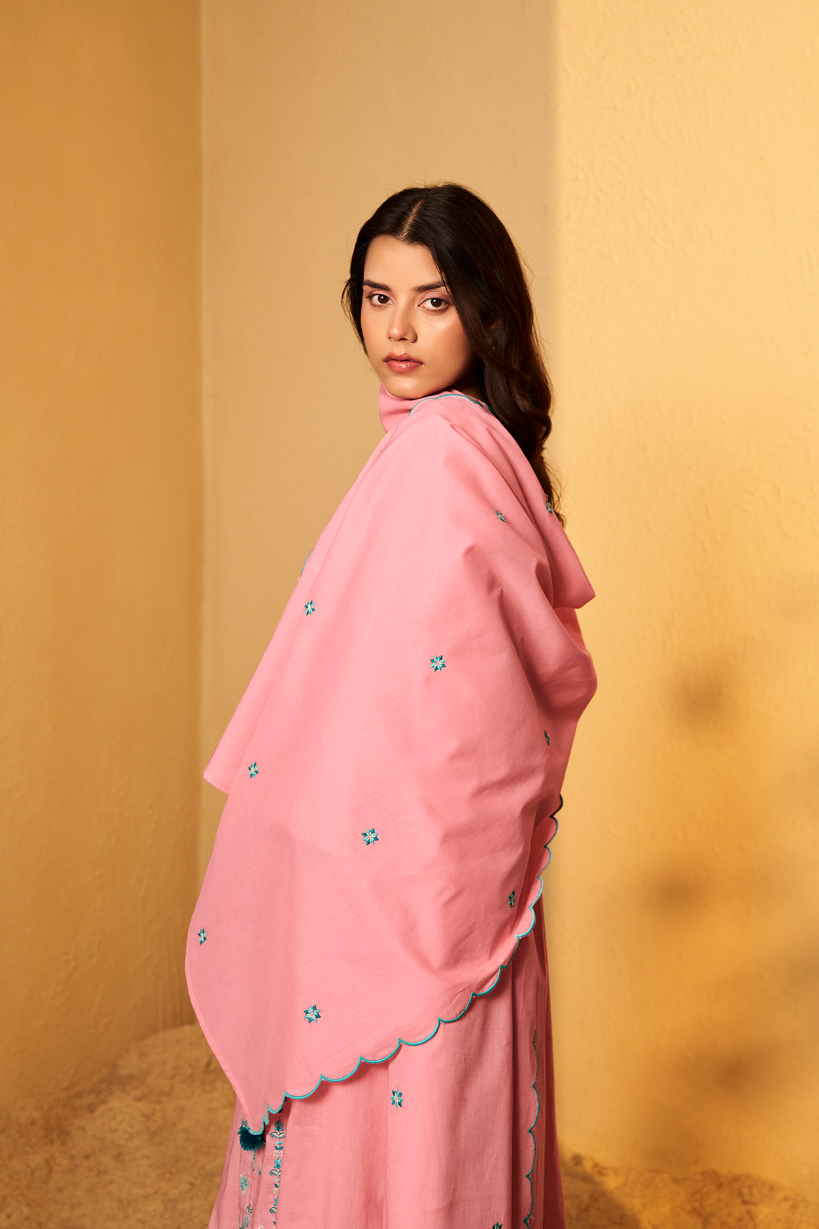 Gulabi Mist A-Line Cotton Embroidery Kurta Set